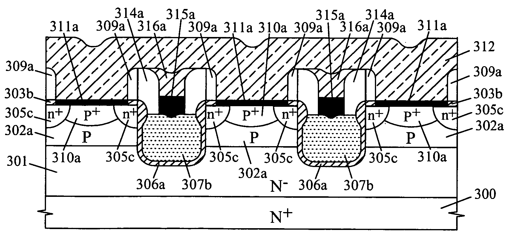 Self-aligned trench-type DMOS transistor structure and its manufacturing methods