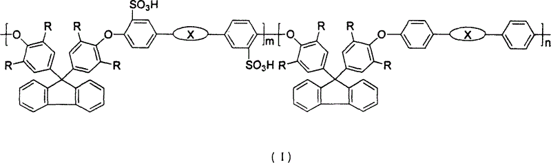 Sulfonated high polymer containing bisphenol fluorine, synthesis and application thereof