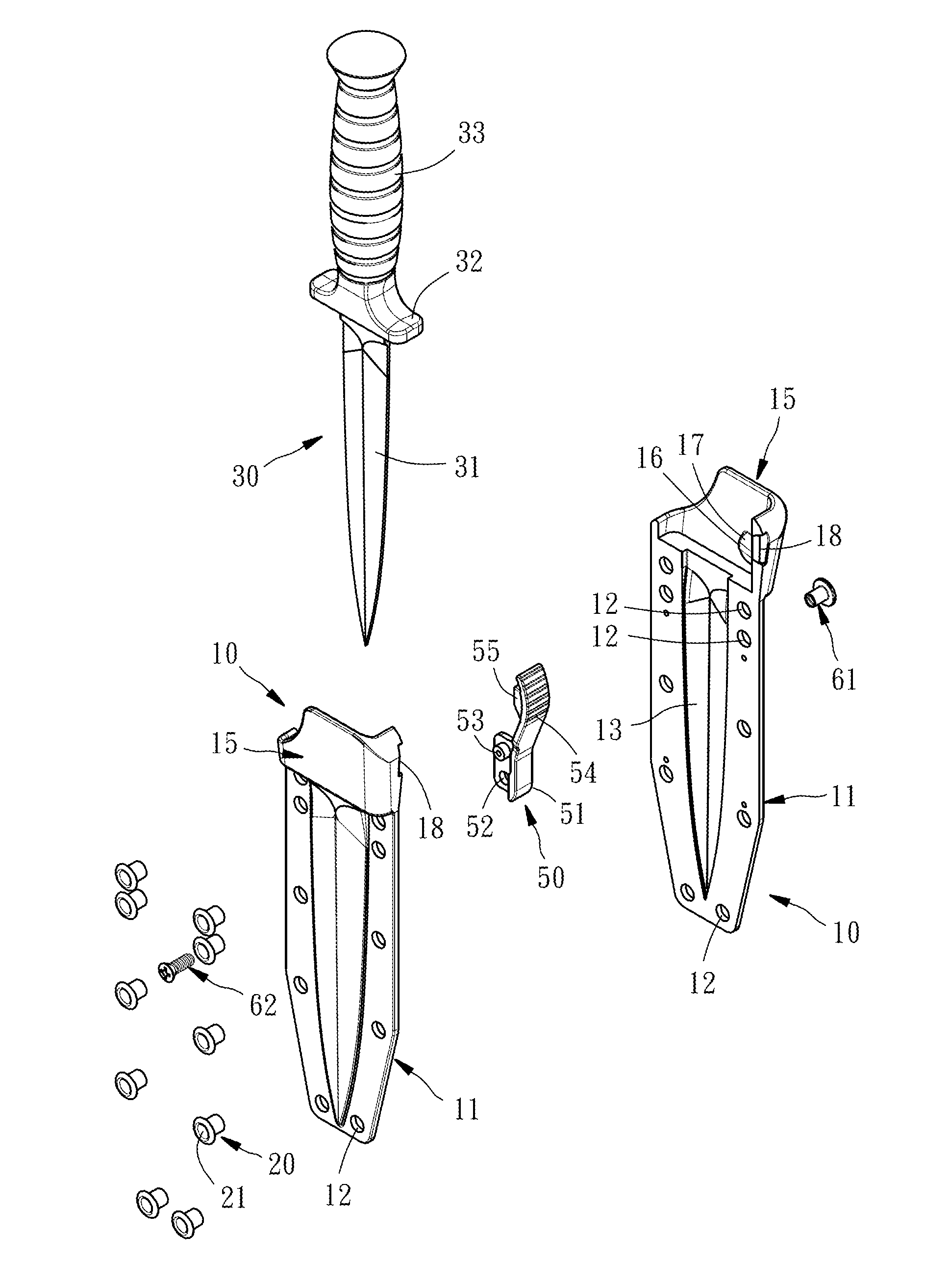 Knife and sheath assembly with realeasable knife securing function