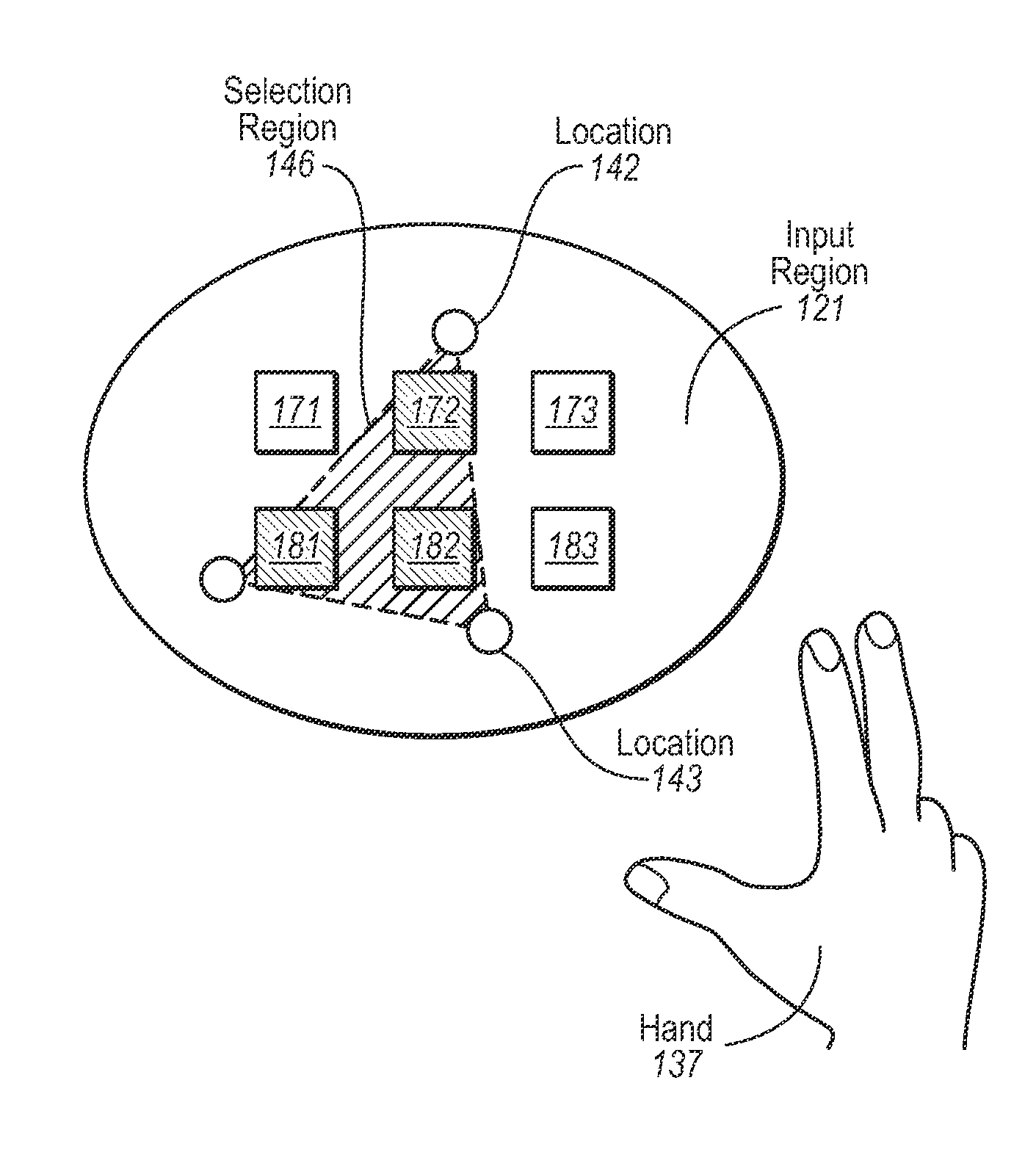 Recognizing selection regions from multiple simultaneous inputs