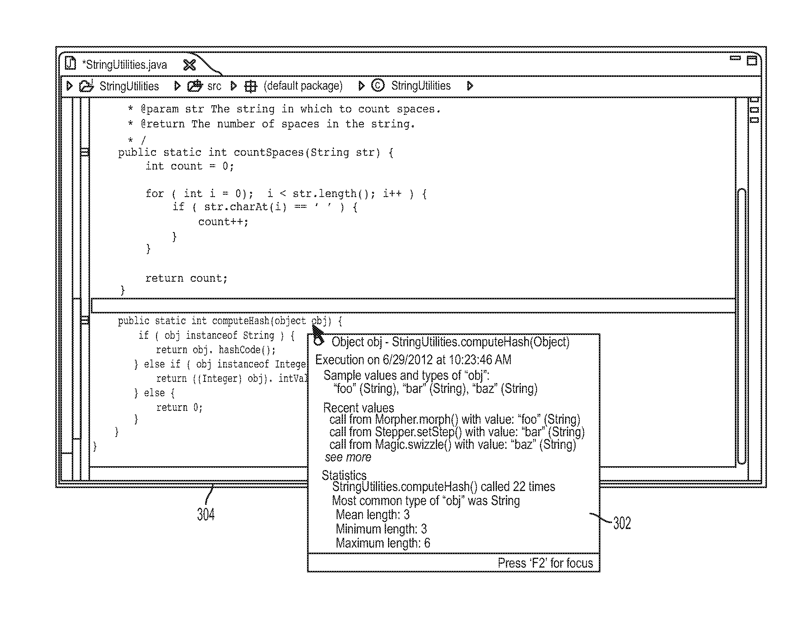 Capture and display of historical run-time execution traces in a code editor