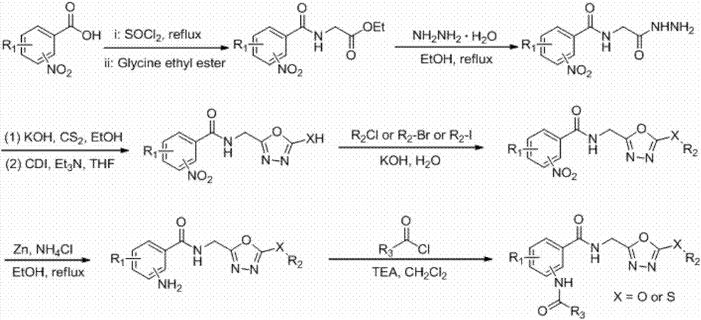 Bisamide compound containing 1, 3, 4-oxiadiazolyl as well as preparation method and application of bisamide compound