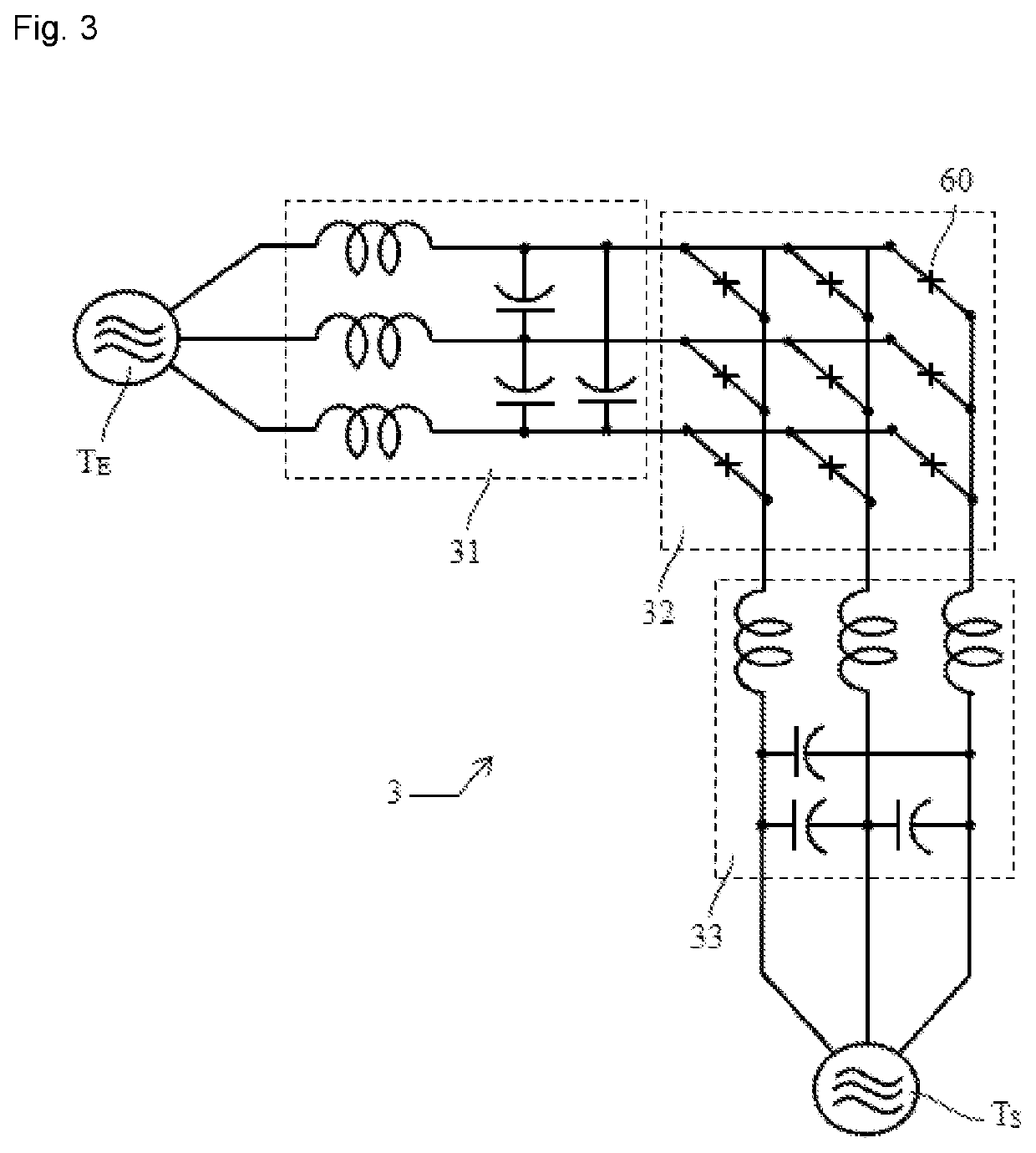 AC-AC converter comprising a matrix array of bidirectional switches of programmable configuration