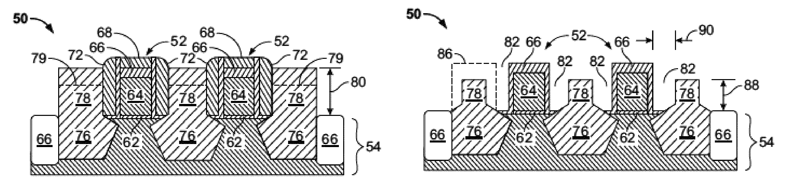 Methods for the fabrication of integrated circuits including back-etching of raised conductive structures