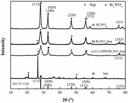 Preparation method of meerschaum-loaded porphyrin-sensitized Bi2WO6 visible light-driven photocatalyst