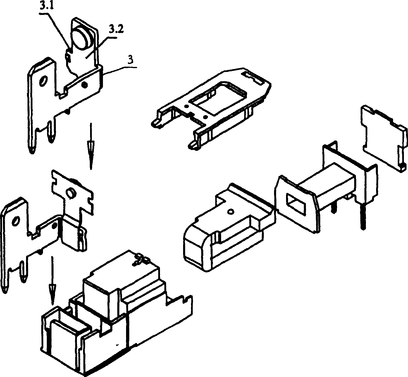 Rapidly connecting electromagnetic relay with protruding arm movable spring extended sheet for limitation