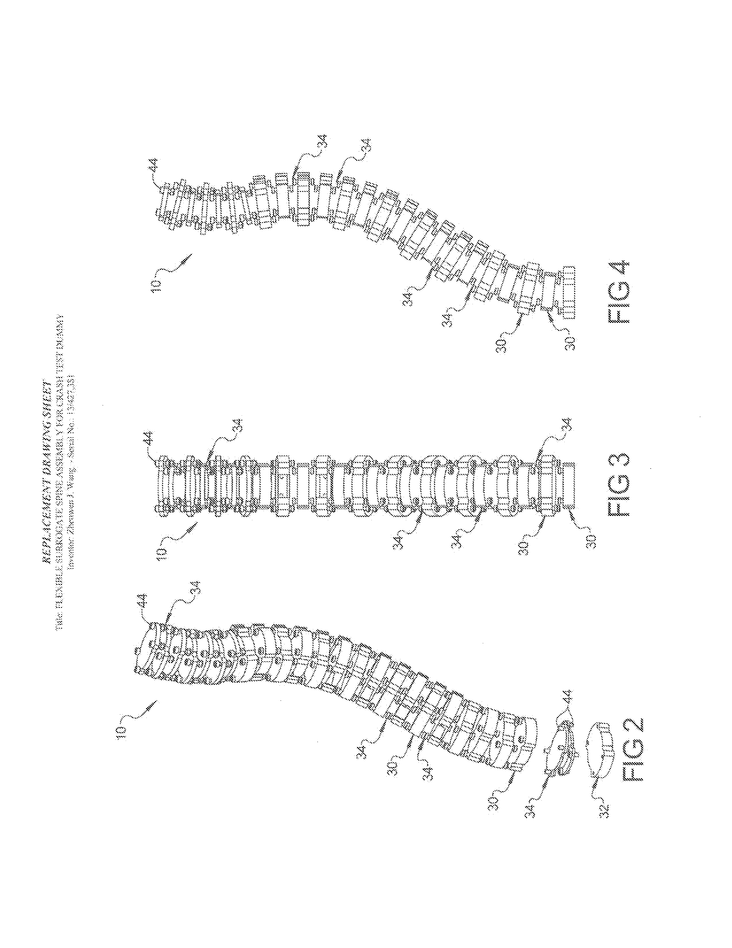 Flexible surrogate spine assembly for crash test dummy