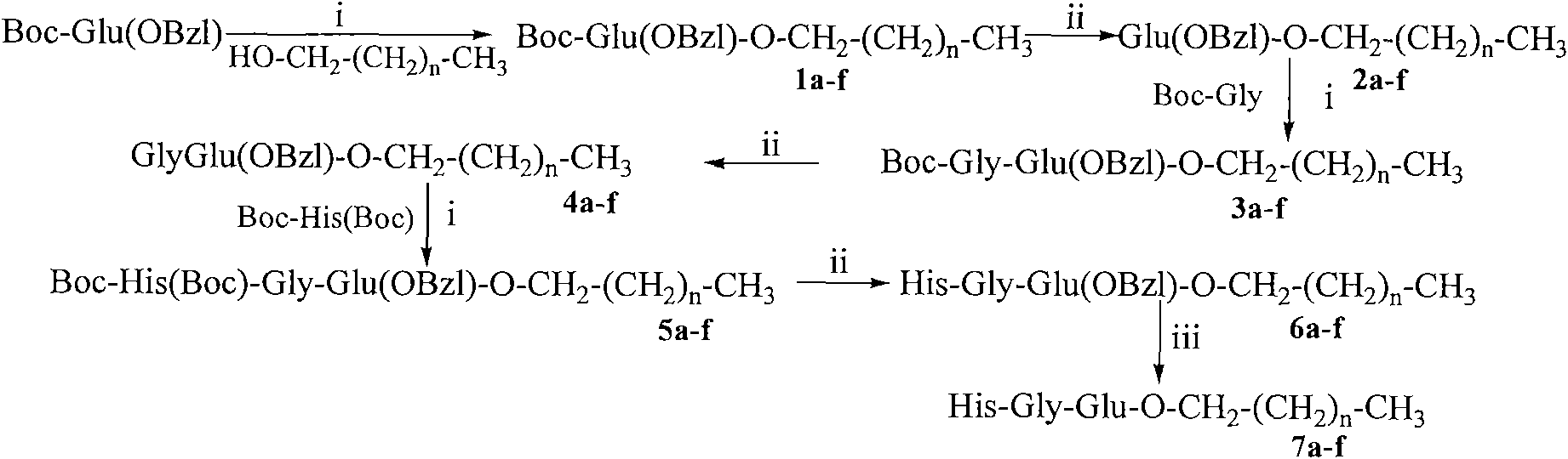 Saturated fatty chain alcohol His-Gly-AA tripeptide ester, synthetic method and application thereof