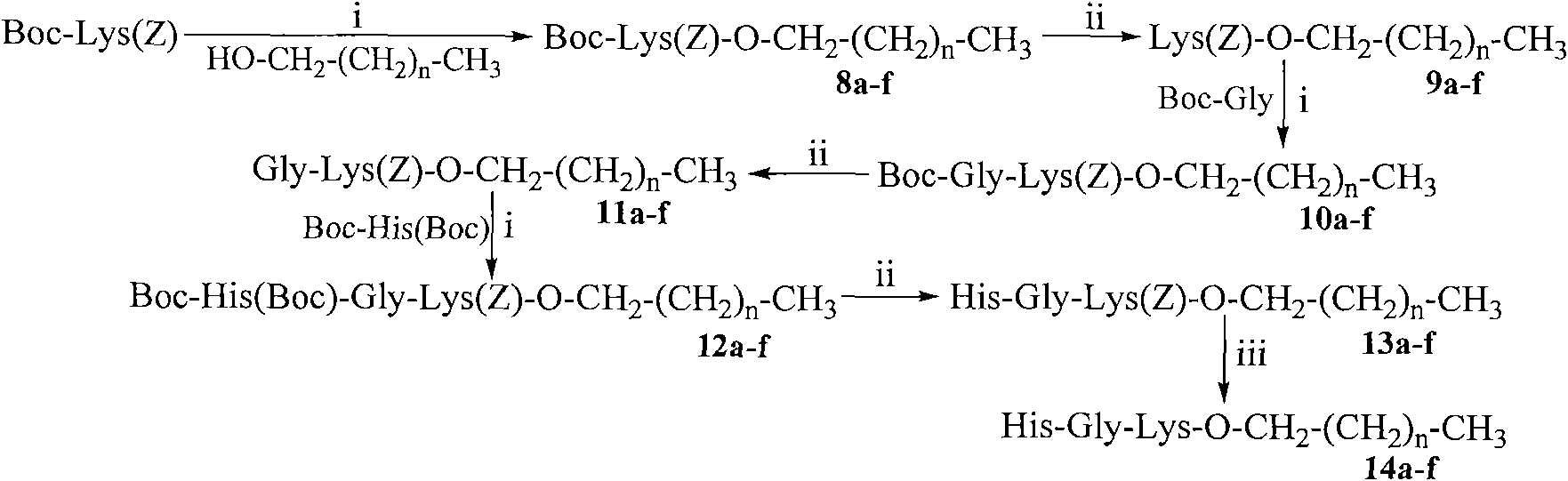 Saturated fatty chain alcohol His-Gly-AA tripeptide ester, synthetic method and application thereof