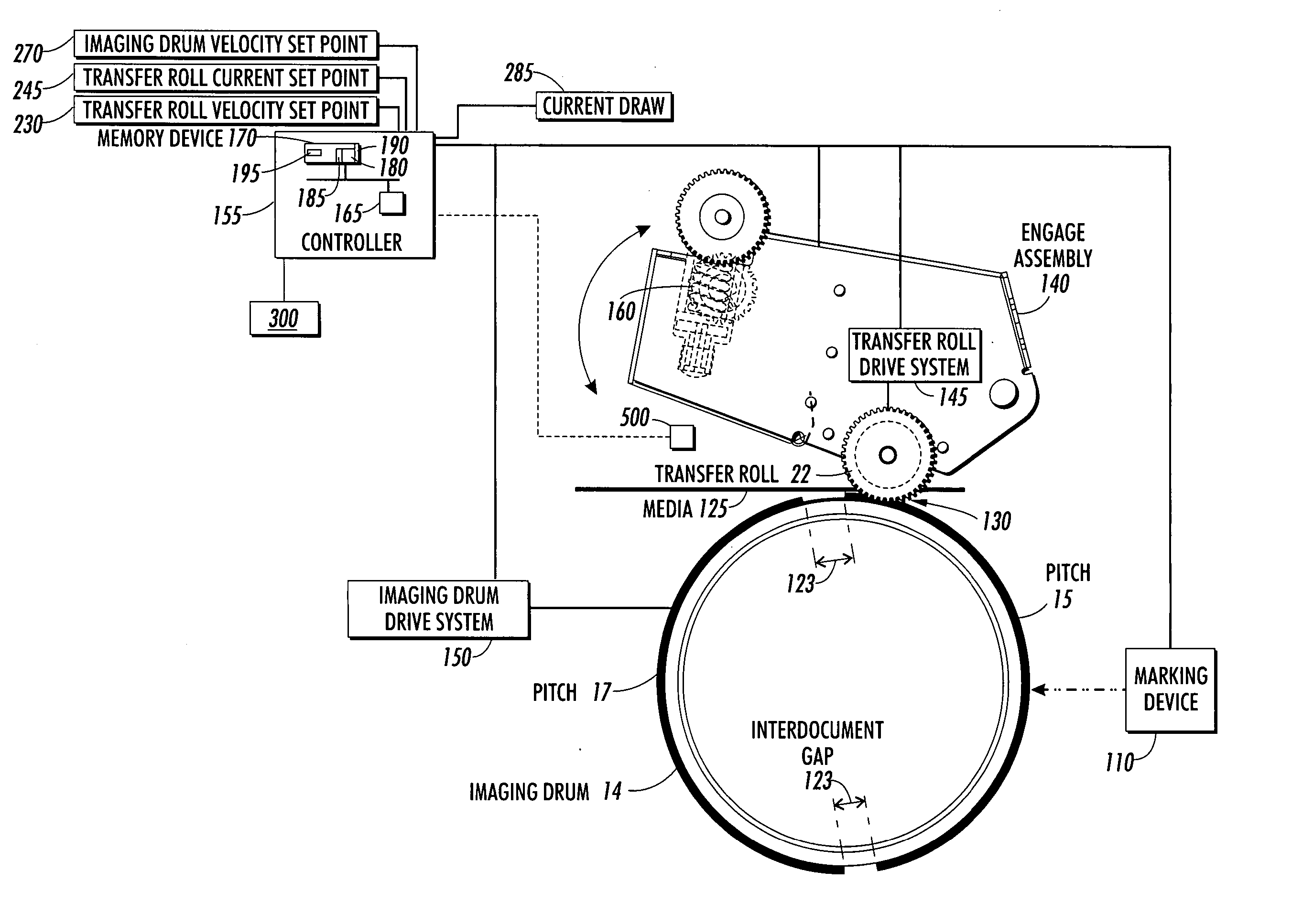 Transfer roll engagement method for minimizing media induced motion quality disturbances