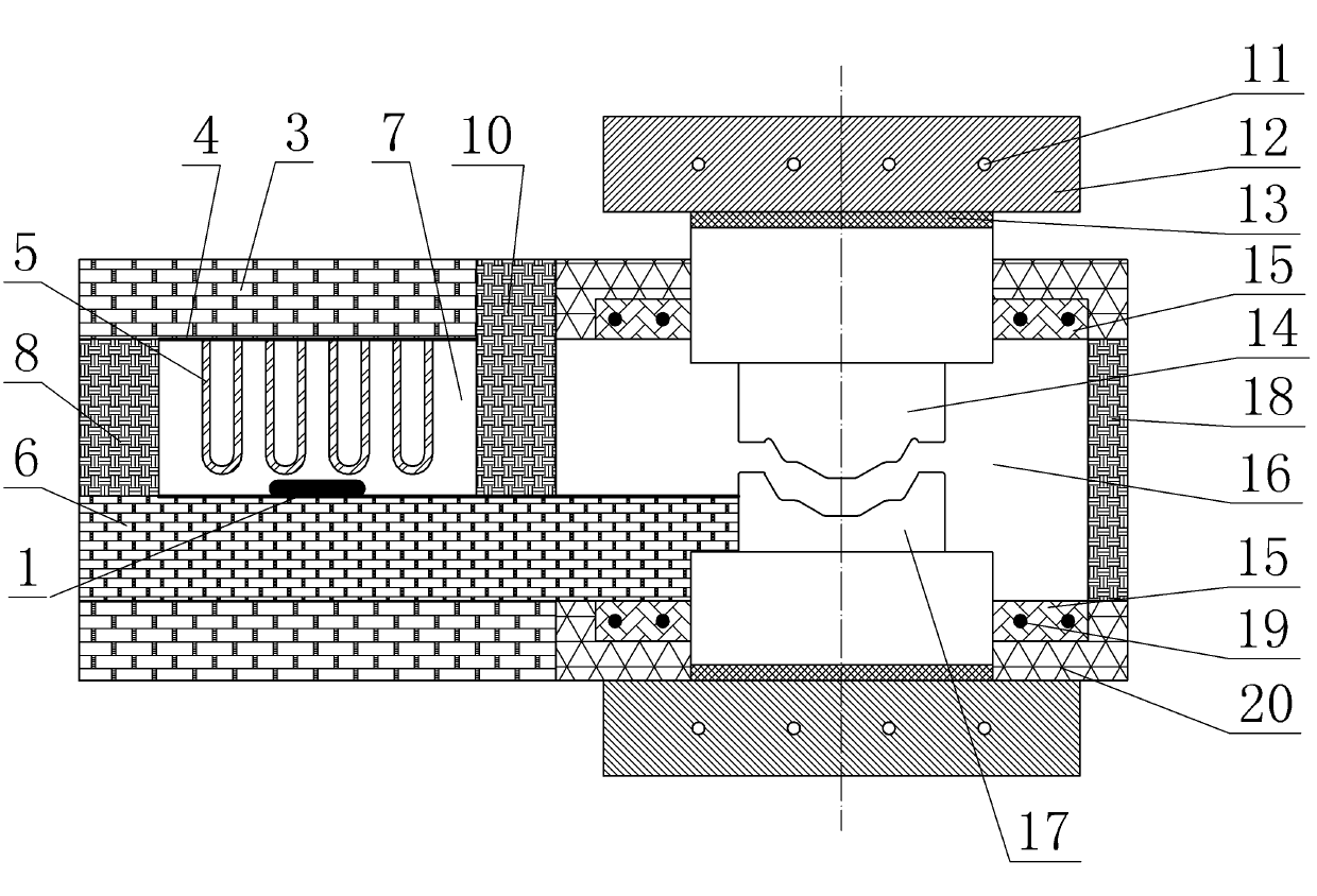 Double-chamber high-temperature forging and forming device of TiAl intermetallic compound forge piece and method thereof