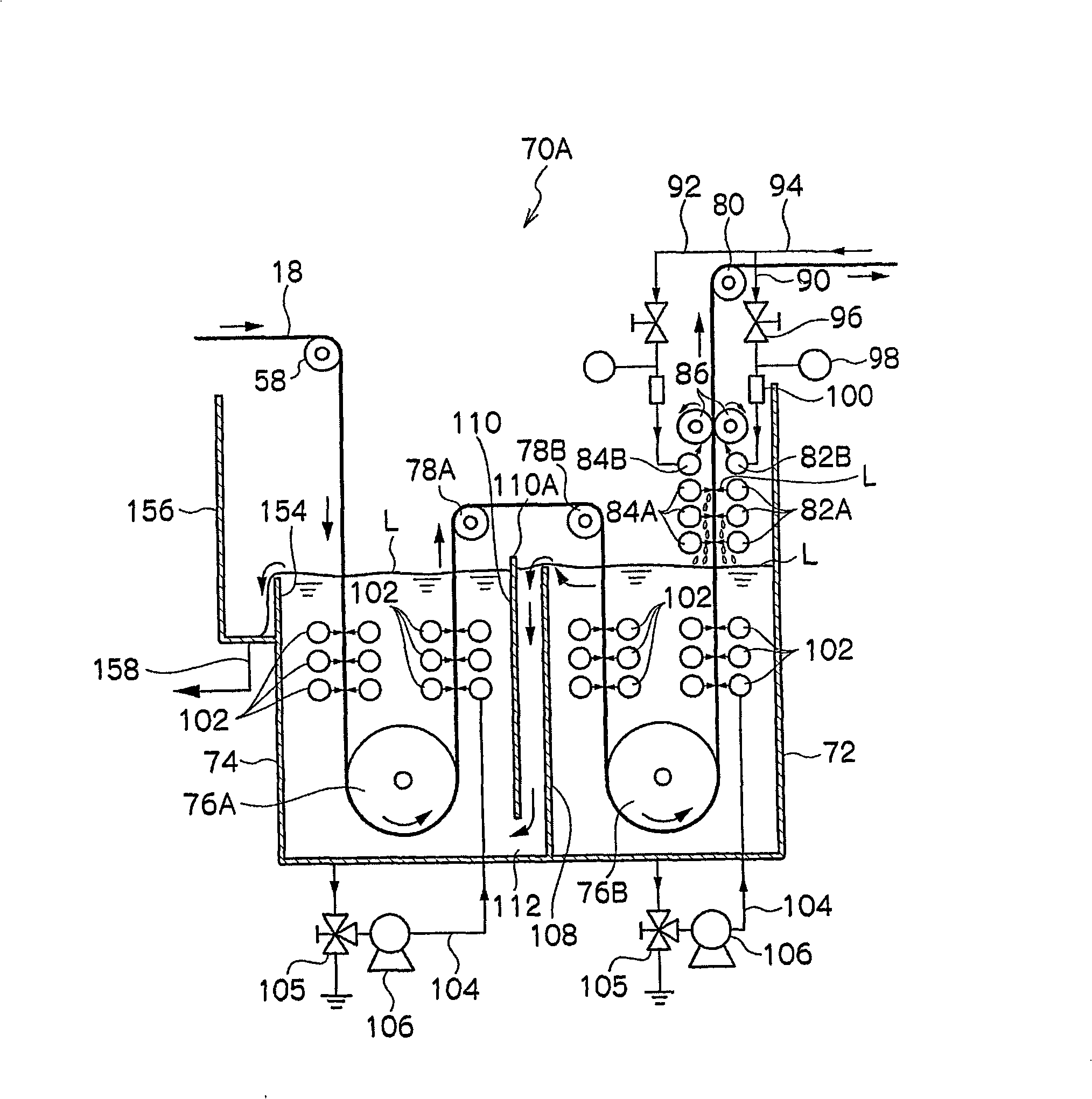 Washing apparatus, apparatus for manufacturing plating-filmed web, washing process, and process for manufacturing plating-filmed web