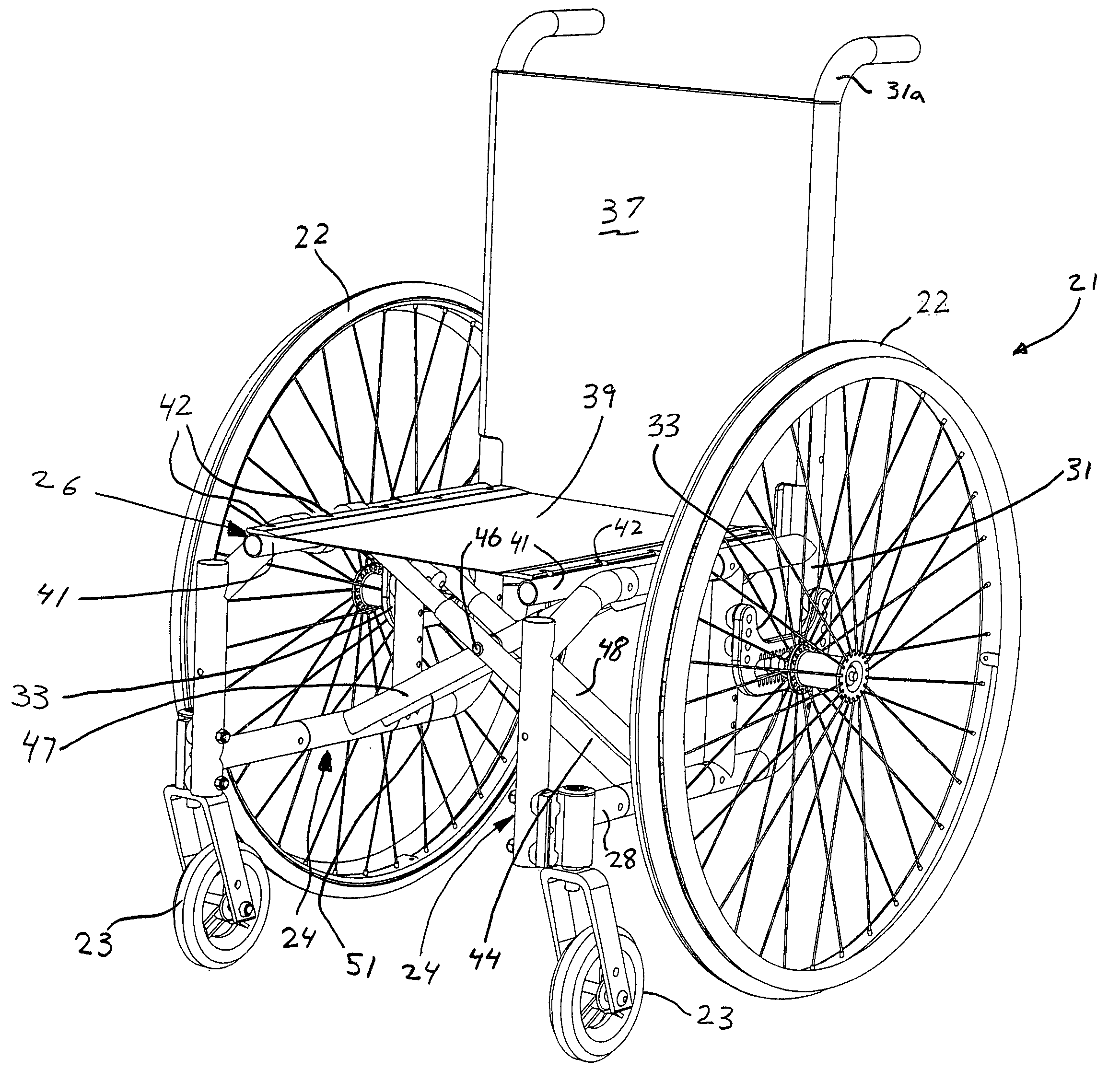 Foldable wheelchair with extensible link assembly and method