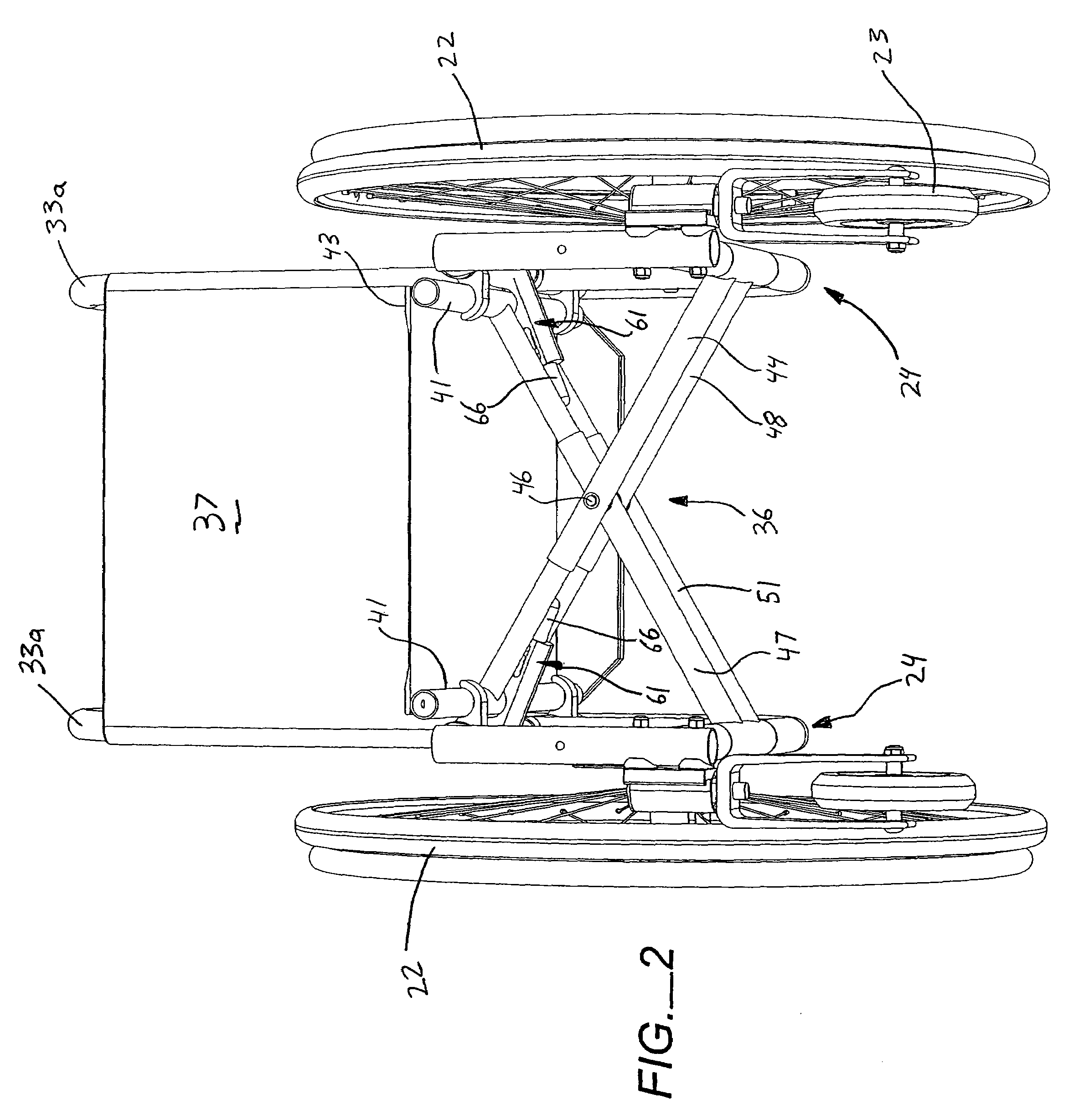 Foldable wheelchair with extensible link assembly and method