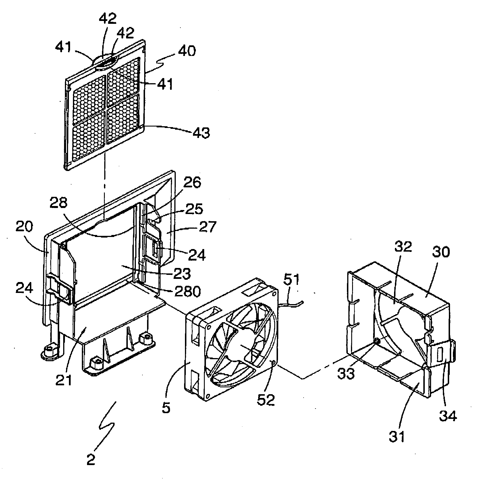 Fan fixture and housing assembly containing the fan fixture