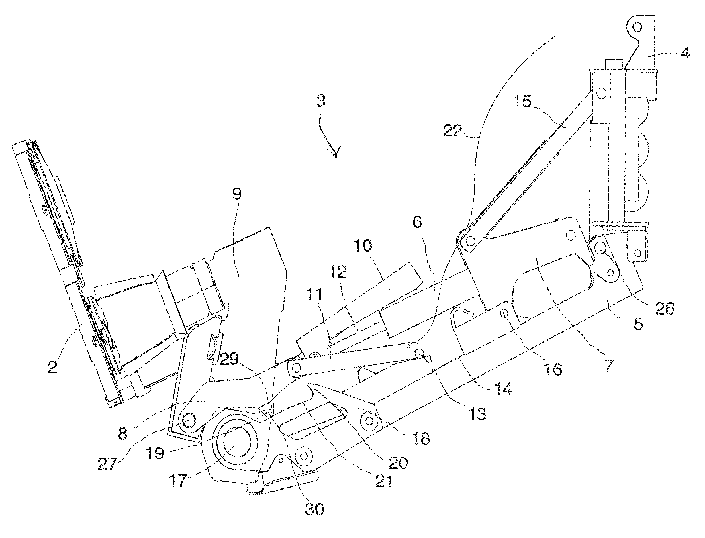 Mower with an unfolding and folding device that includes a tilting element, a link rod, and a hydraulic jack