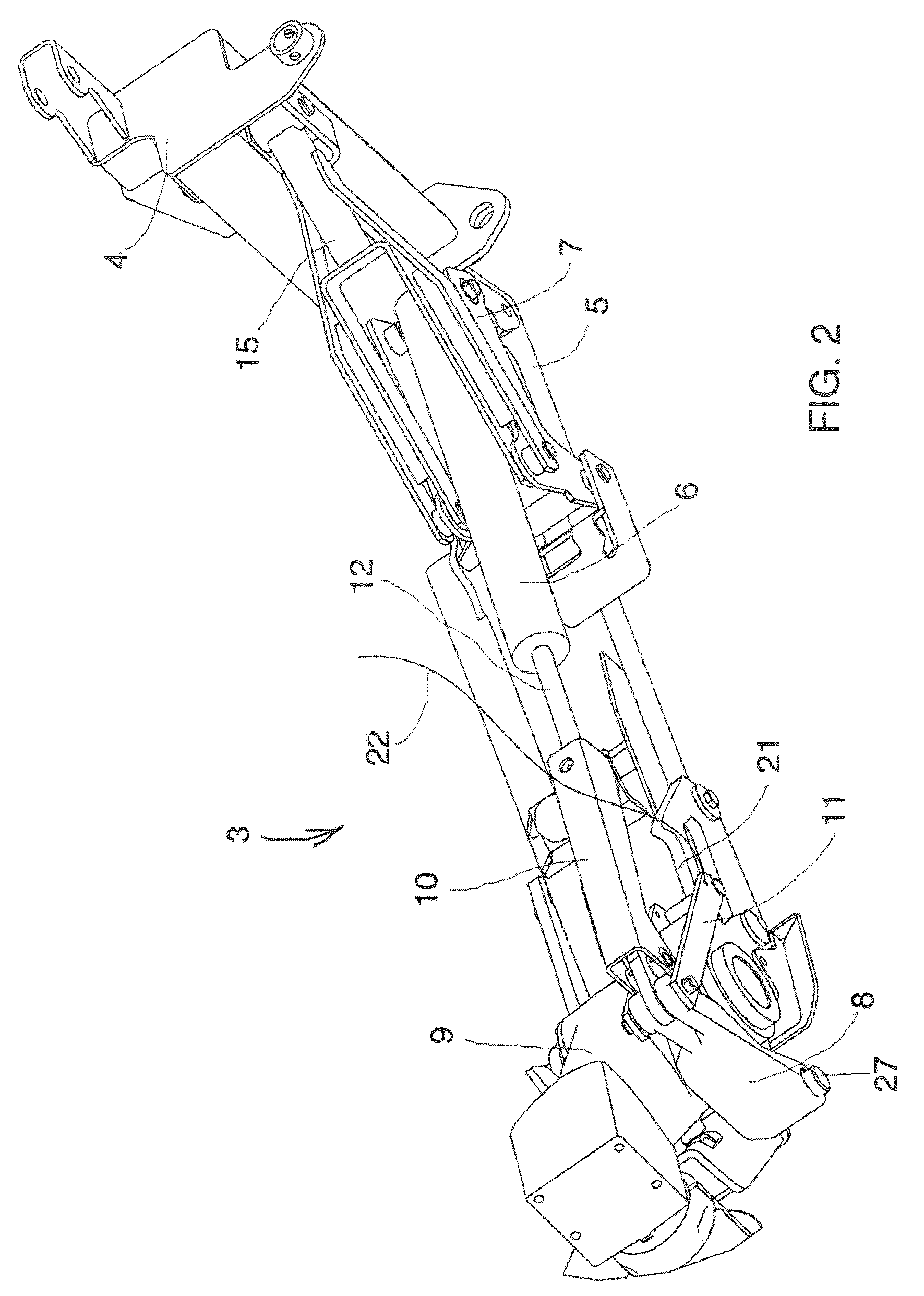 Mower with an unfolding and folding device that includes a tilting element, a link rod, and a hydraulic jack