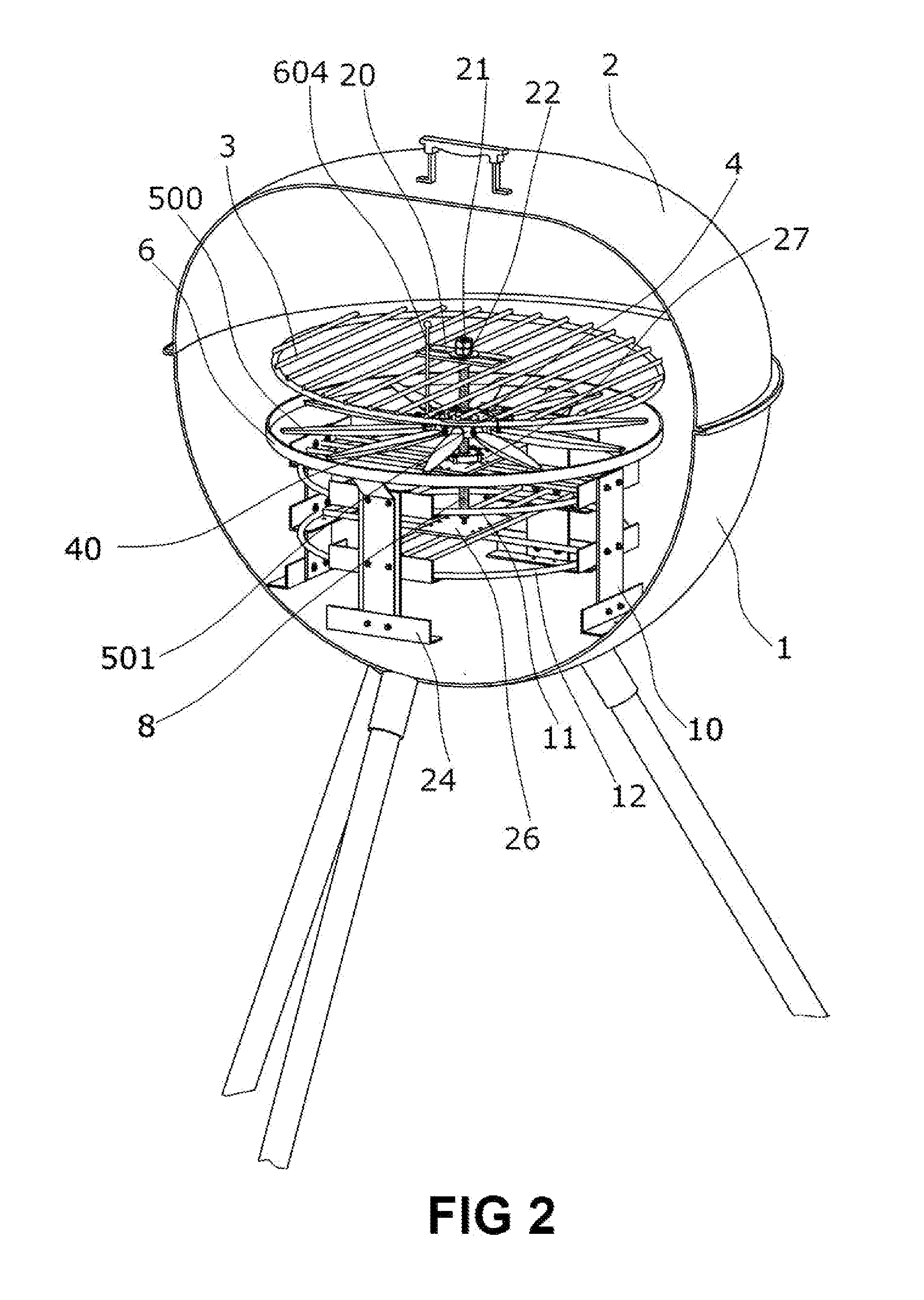 Rotating grill platform with blade tilting mechanism utilizing heat energy generated by the grill source of heat