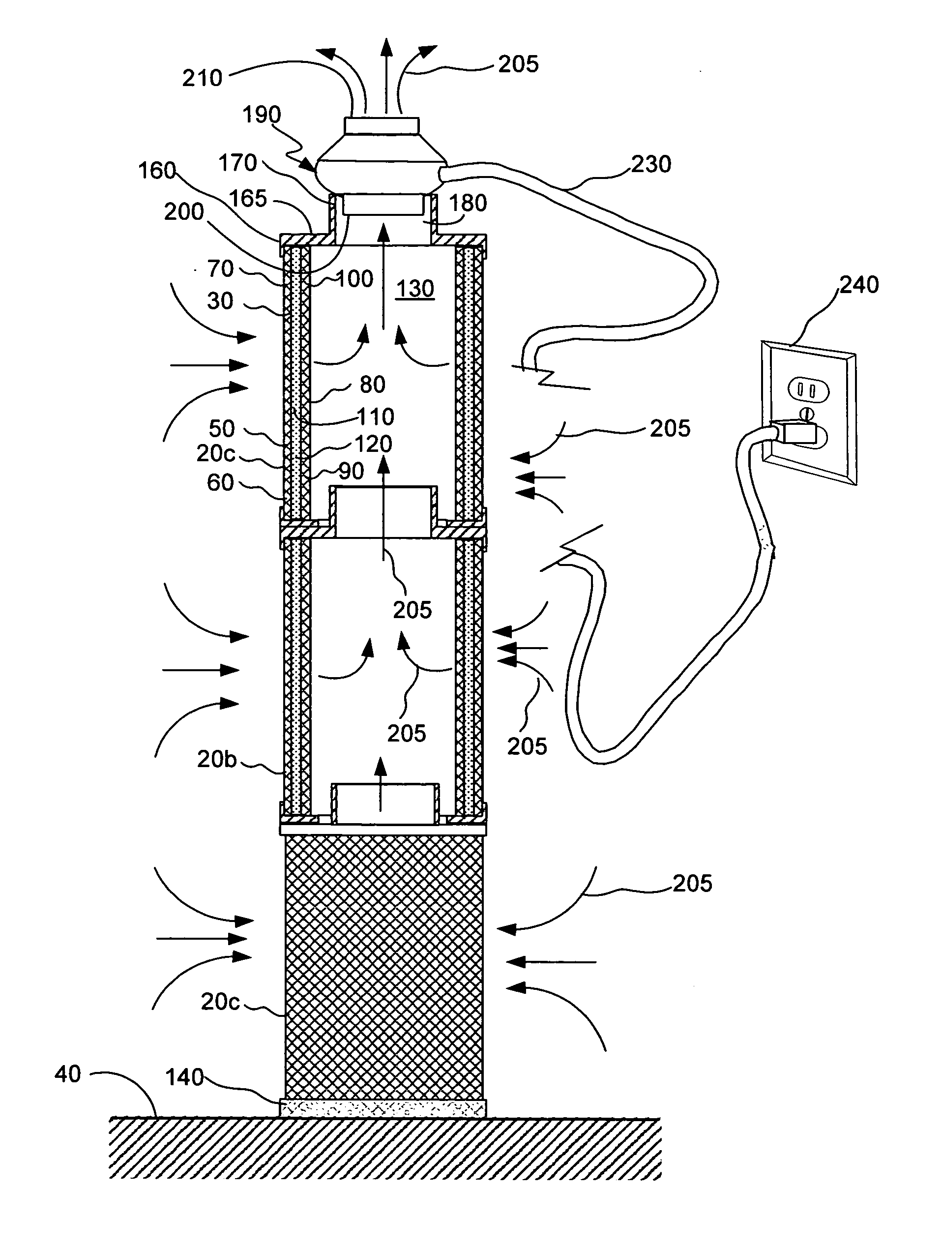 Segmented stackable filter assembly for filtering a gas and method of manufacturing same