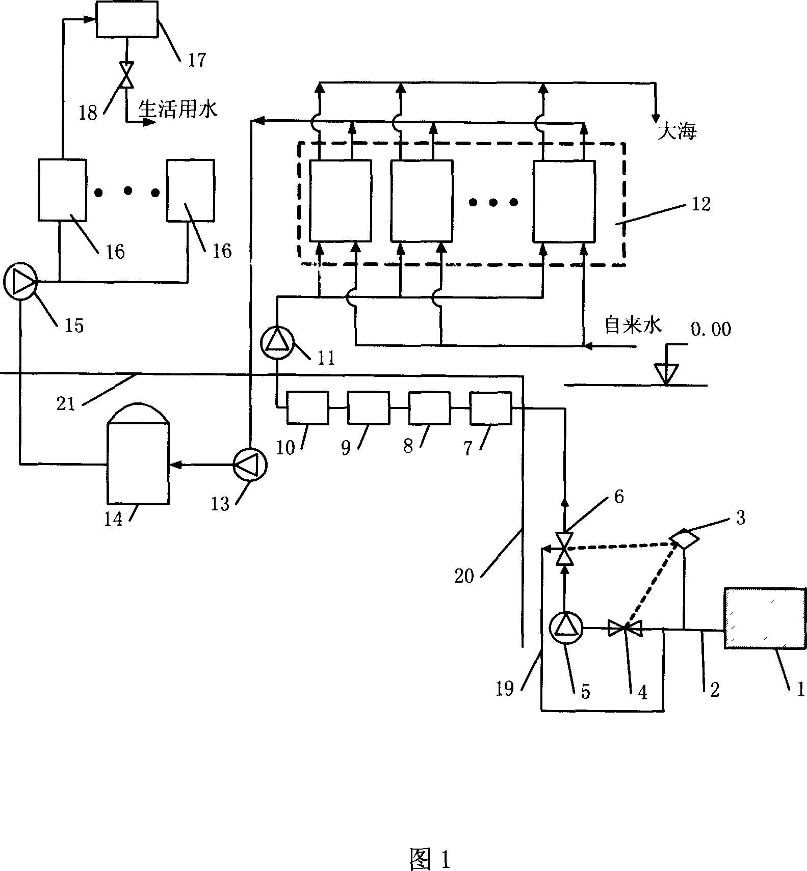 Building air-conditioning system with seawater as secondary refrigerant for cooling running water