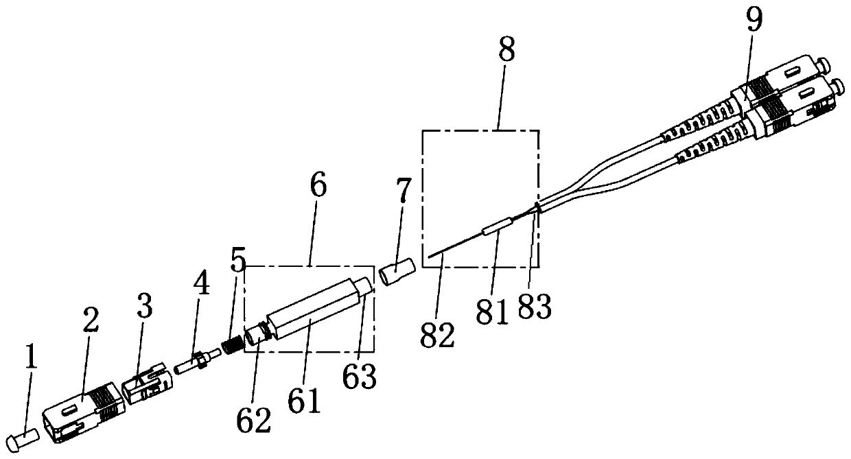 Optical branching device with decabled input end