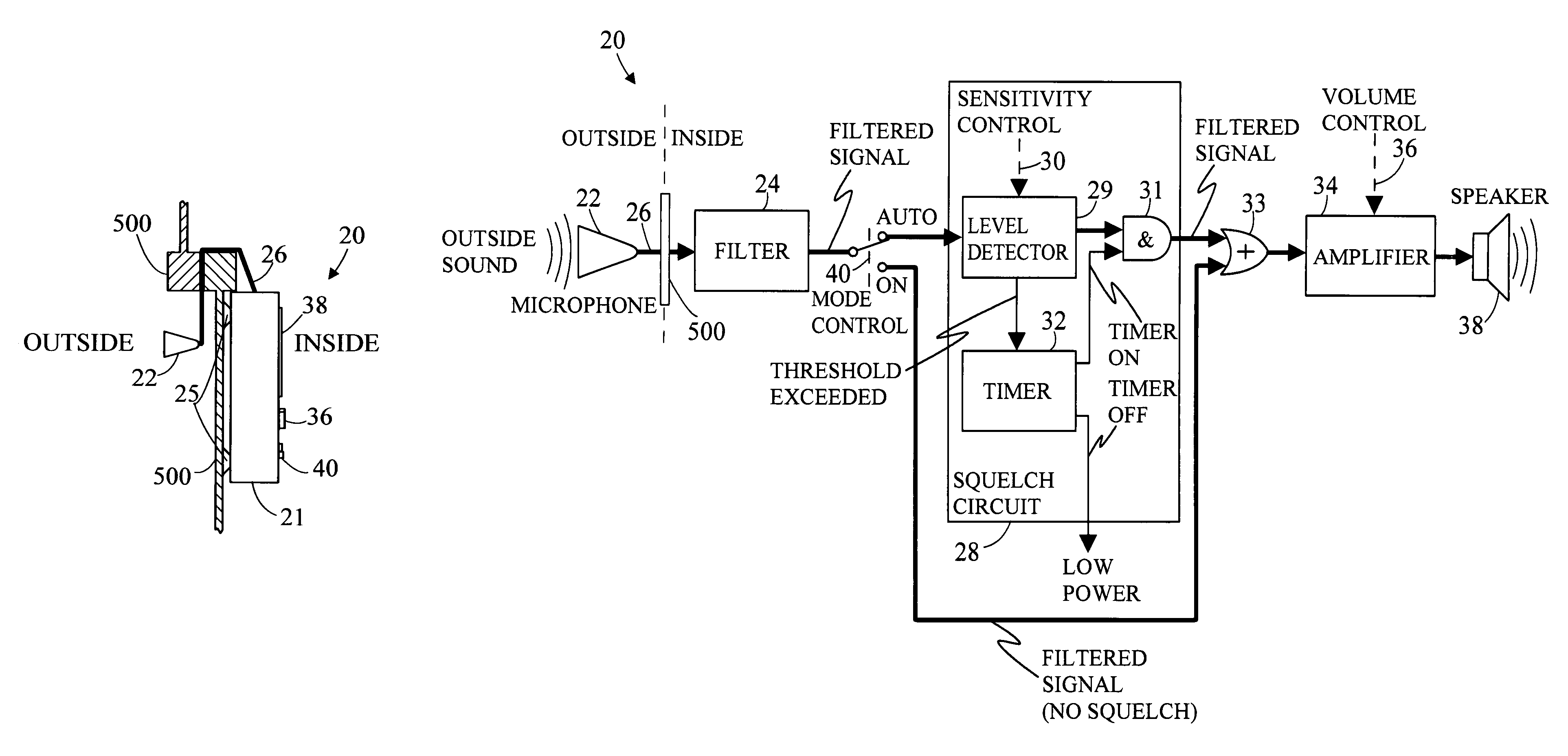 Method for monitoring outside sound through a closed window and device therefor