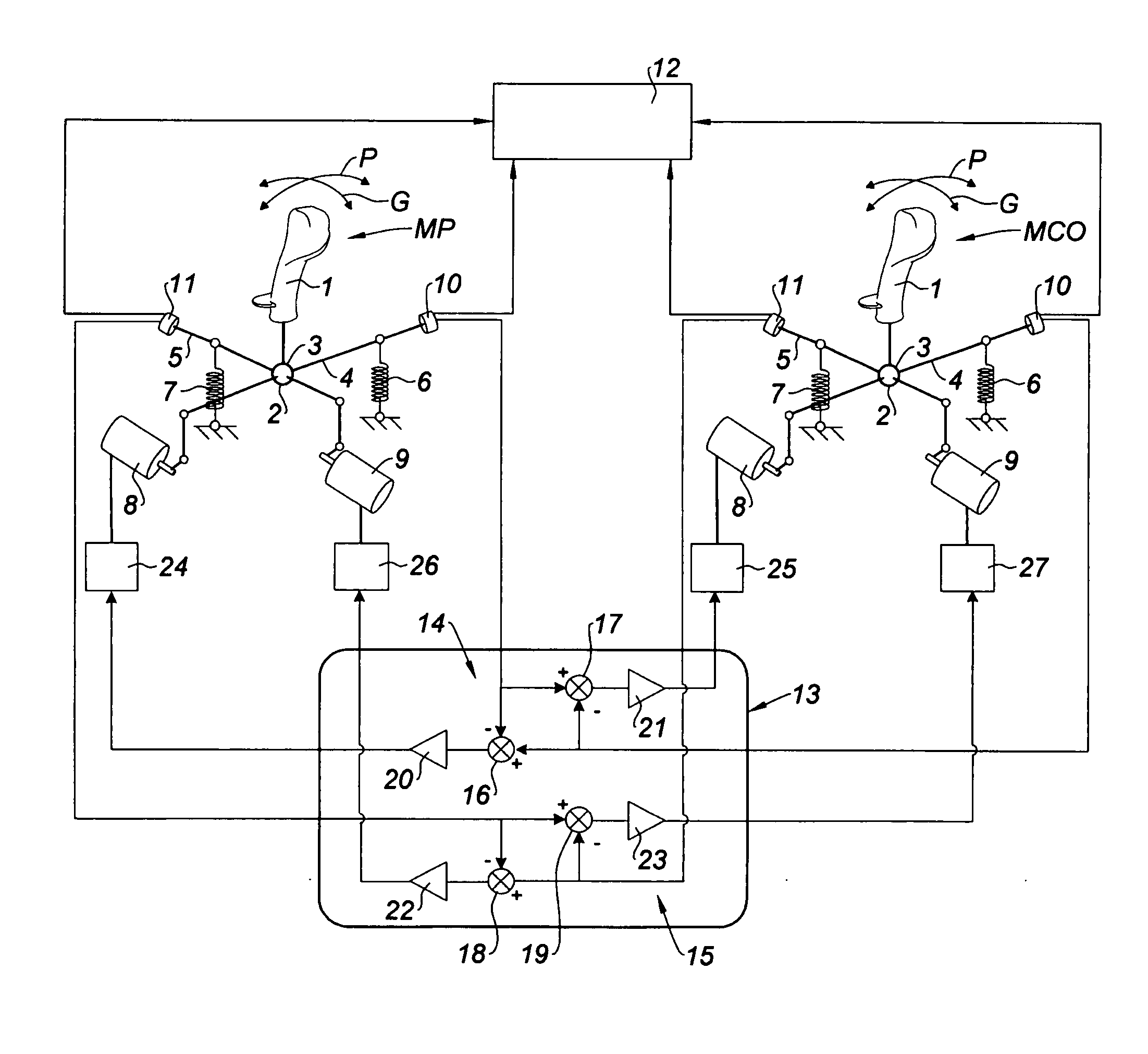 Control system including two control columns that are coupled to enable controlled members to be placed in required positions