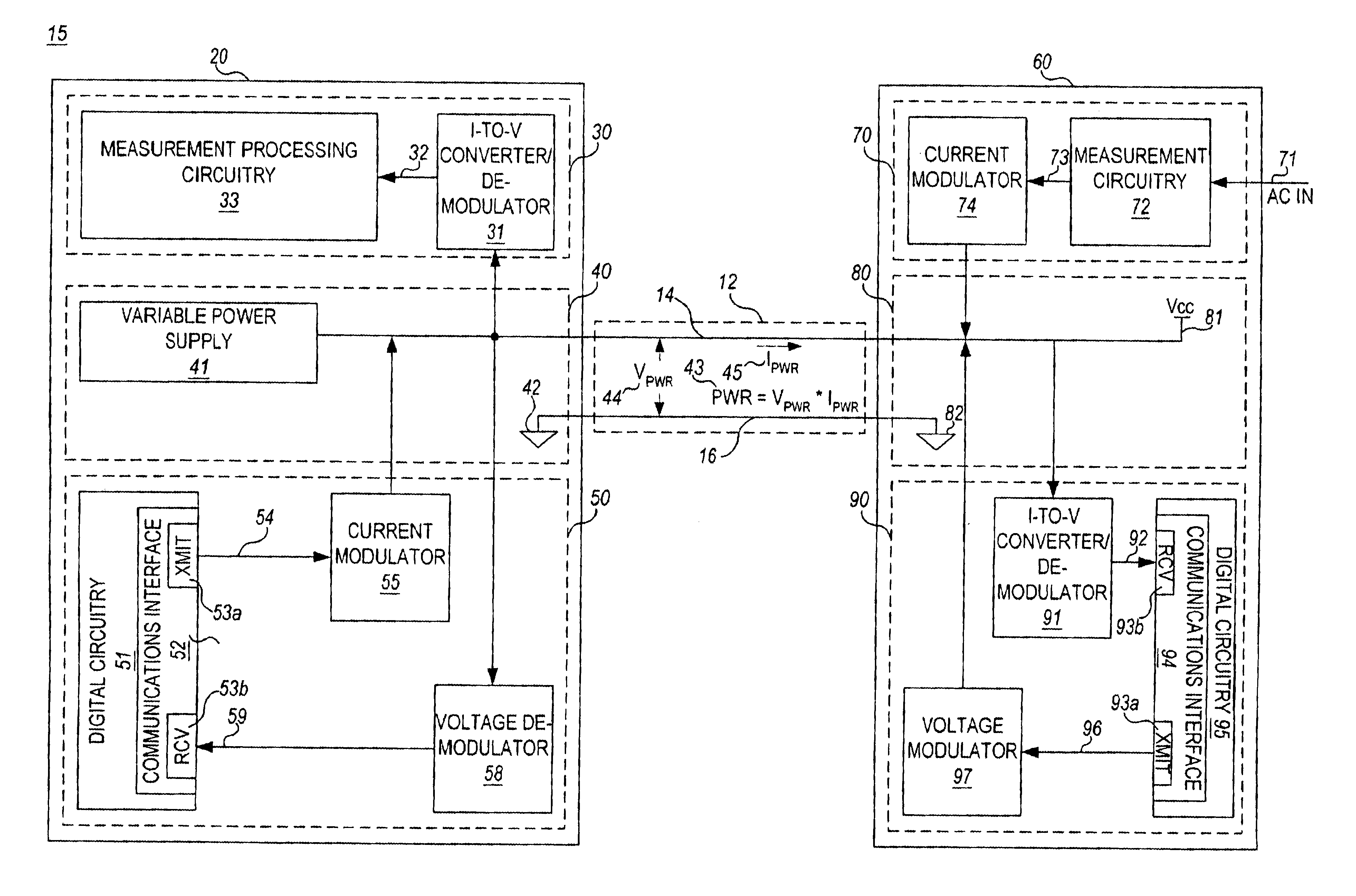 Method and apparatus for supplying power, and channeling analog measurement and communication signals over single pair of wires