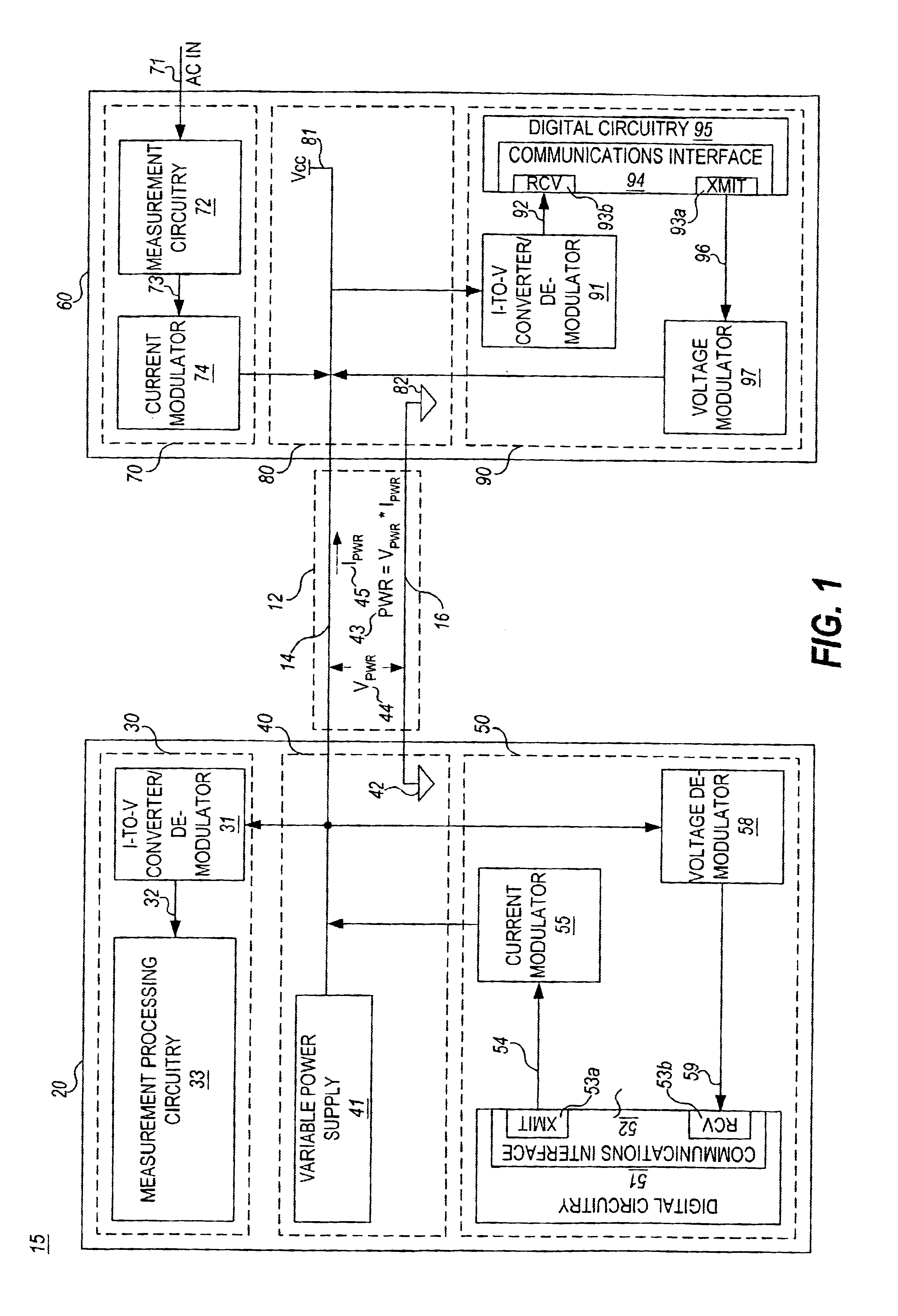 Method and apparatus for supplying power, and channeling analog measurement and communication signals over single pair of wires