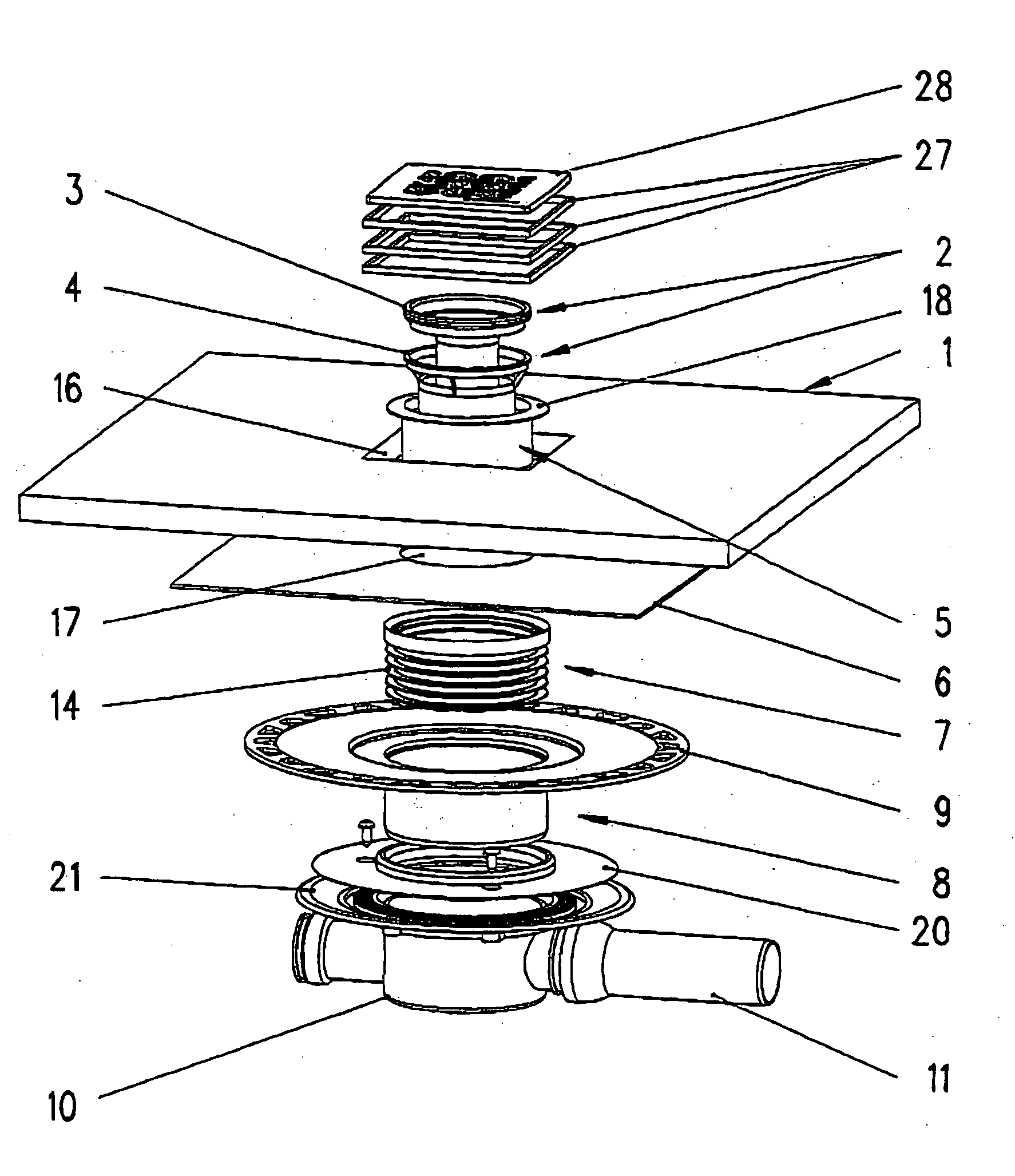 Drainage device for arrangement on a floor tile having a drain water aperture and arrangement of such a drainage device on a floor tile