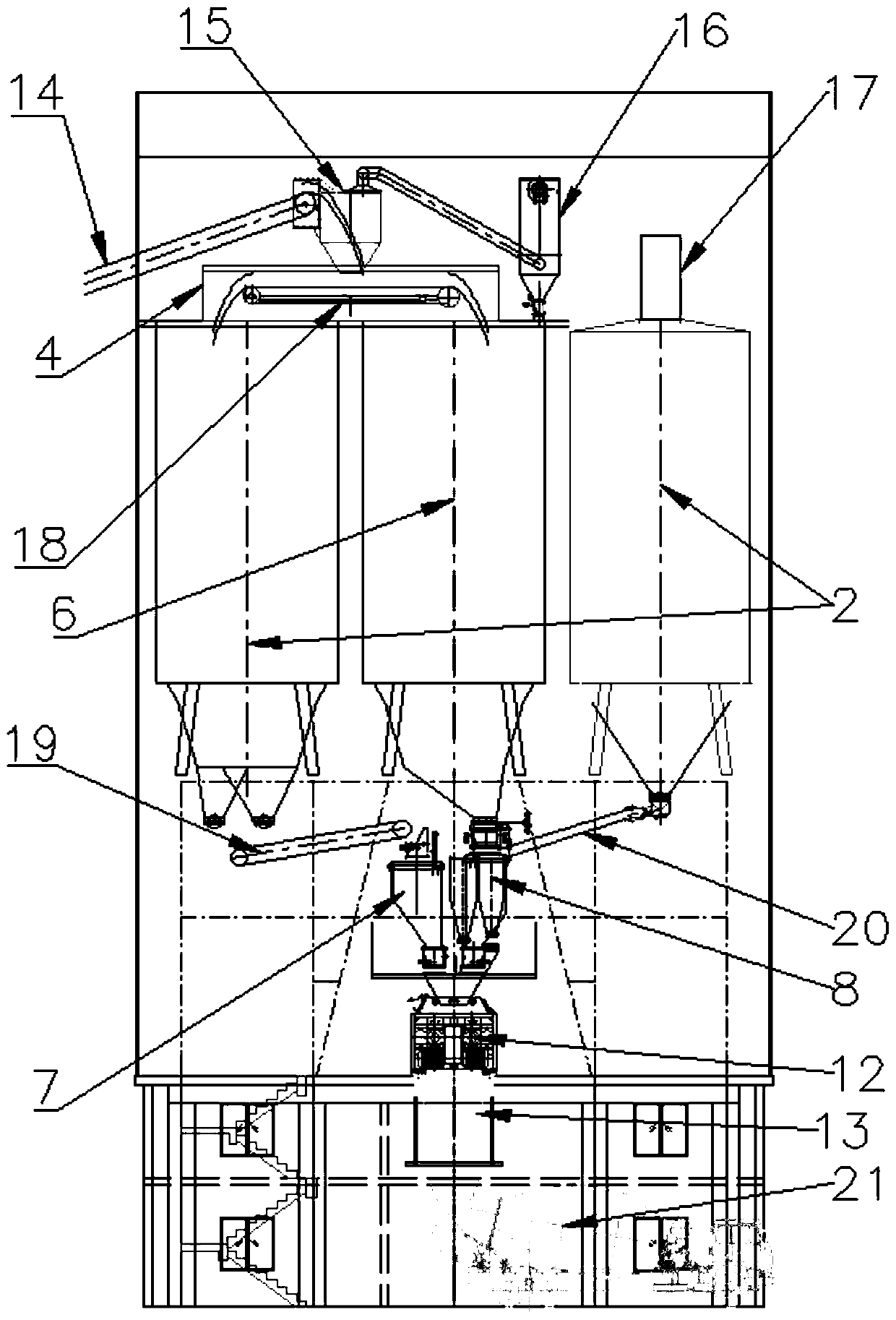 Top-mounted environment friendly mixing plant stock bin distribution structure