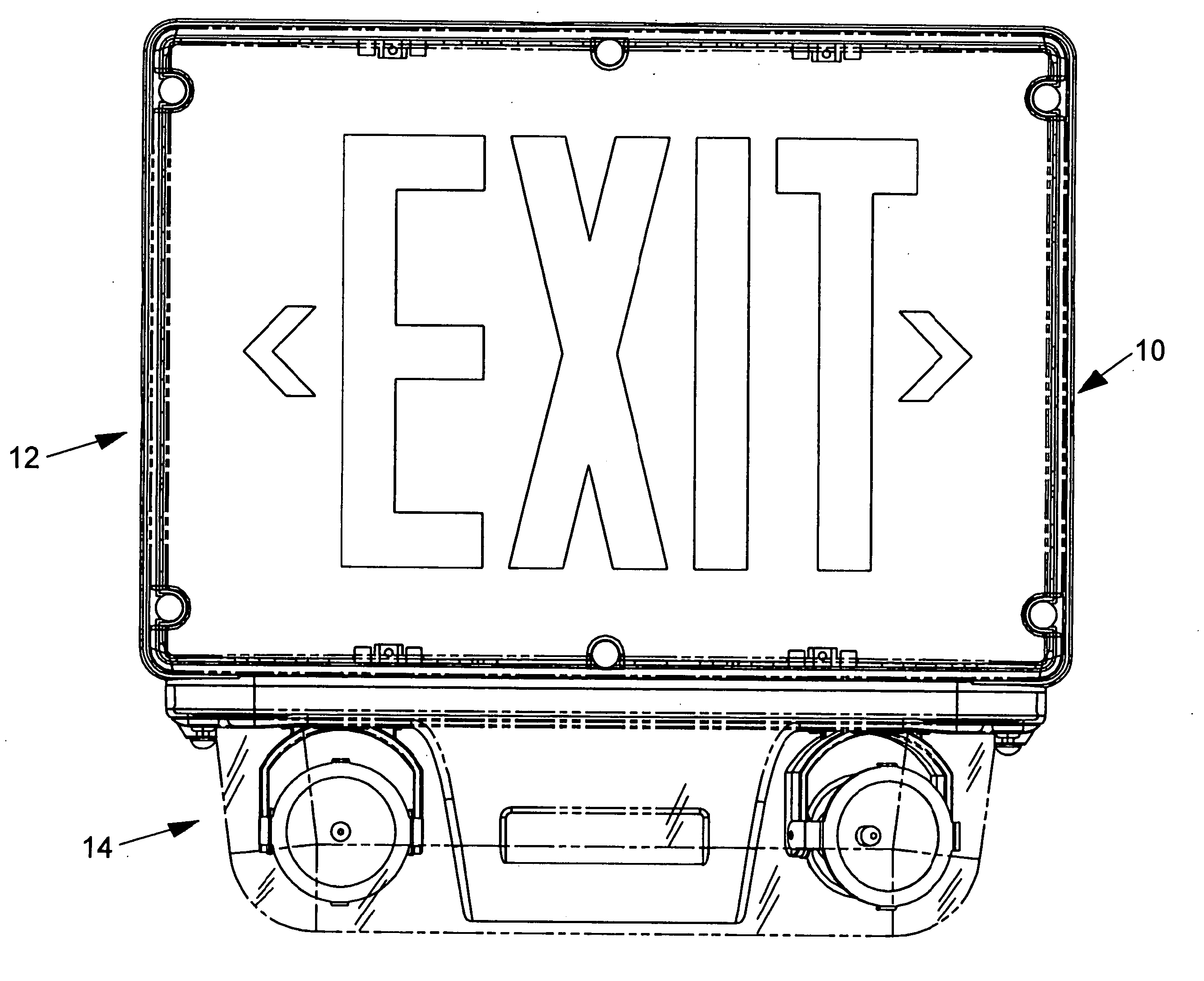 Combination exit sign and emergency lighting fixture assembly