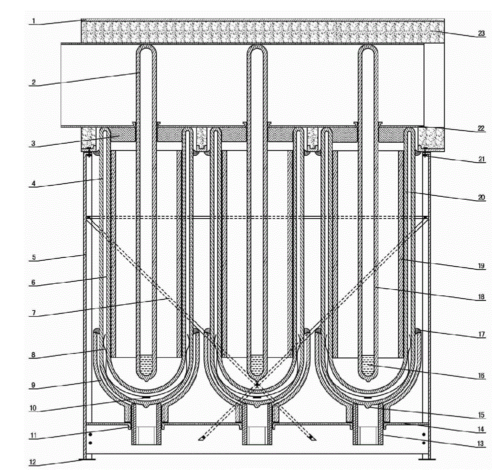 Solar hot-air thermal collector for vertical-inserted close-packed metal section heat tube compound vacuum thermal-collecting tube