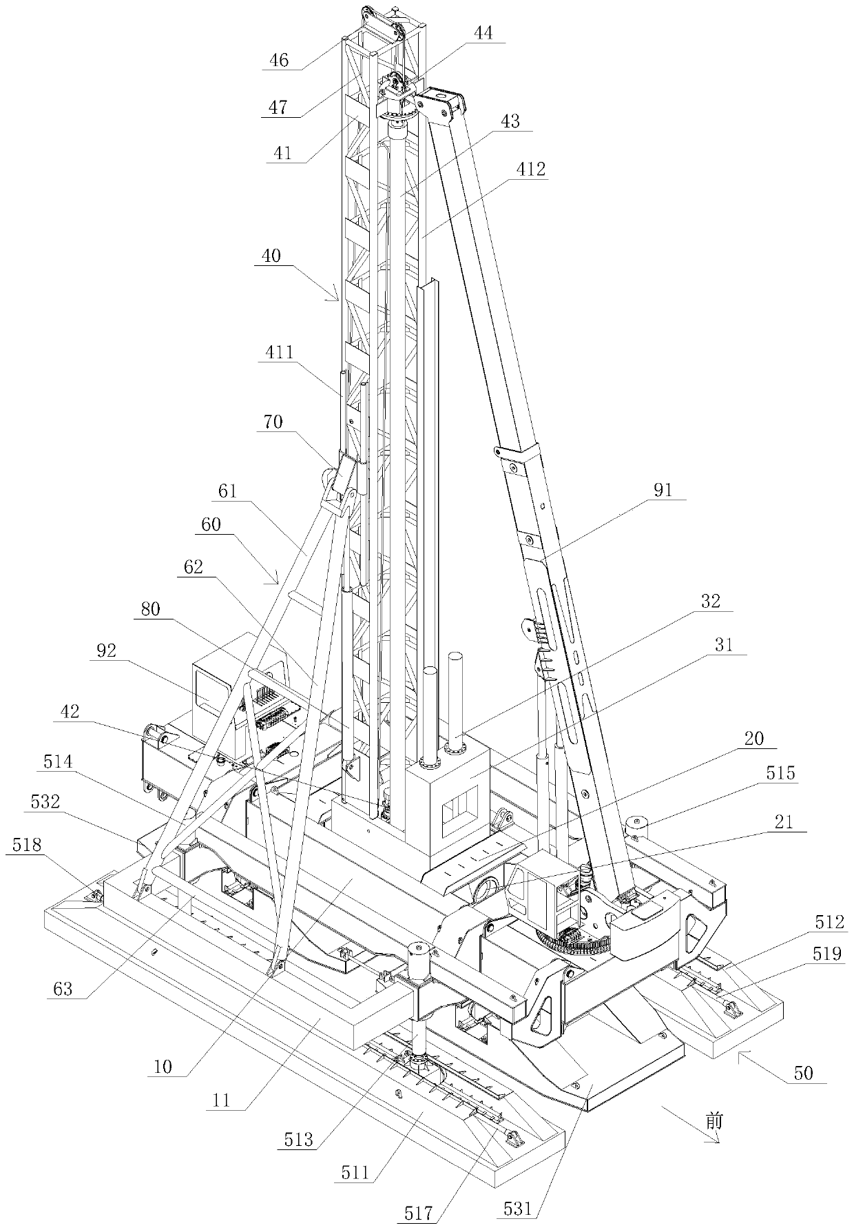 Side part support variable amplitude mixing pile pressing integrated machine and construction method thereof