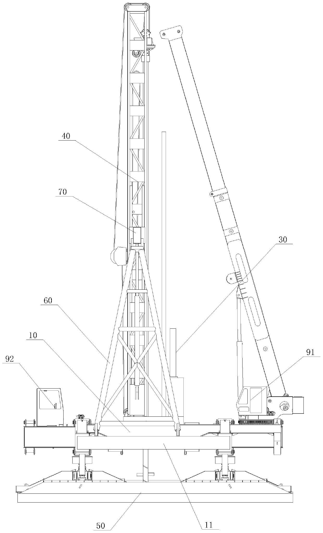 Side part support variable amplitude mixing pile pressing integrated machine and construction method thereof