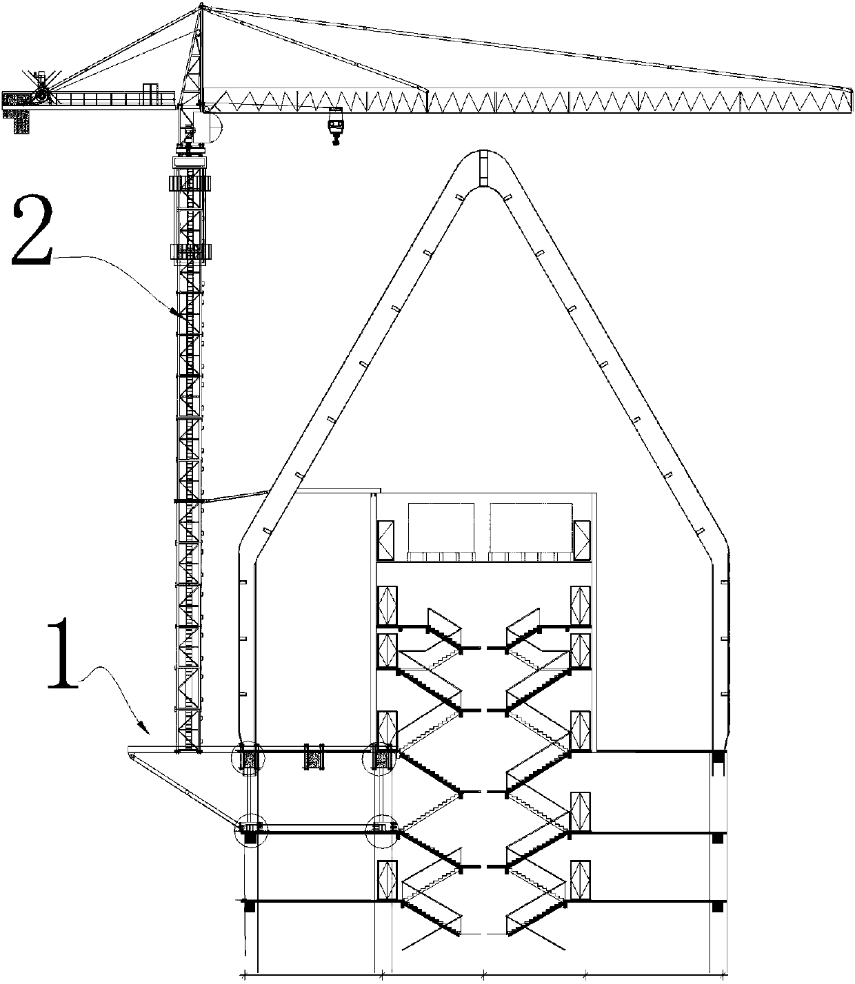 A tower crane dismantling structure and method for high-rise installation