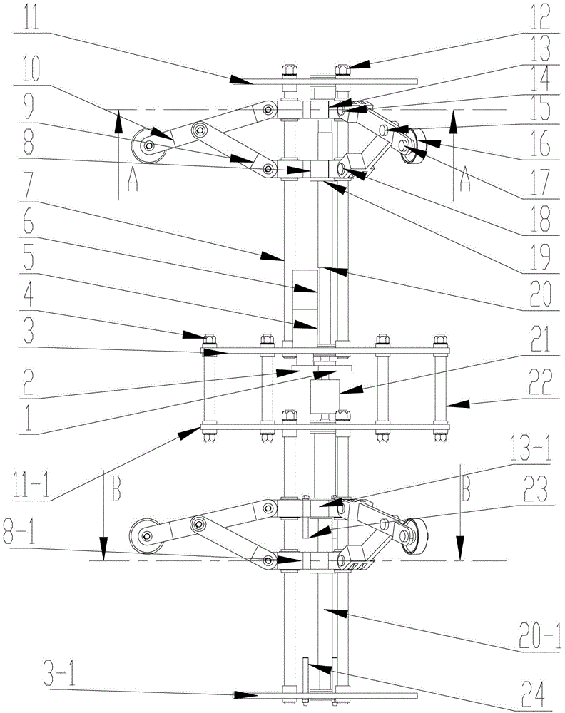 Double-layer adaptive three-point umbrella-type pipe inner wall support device with limit