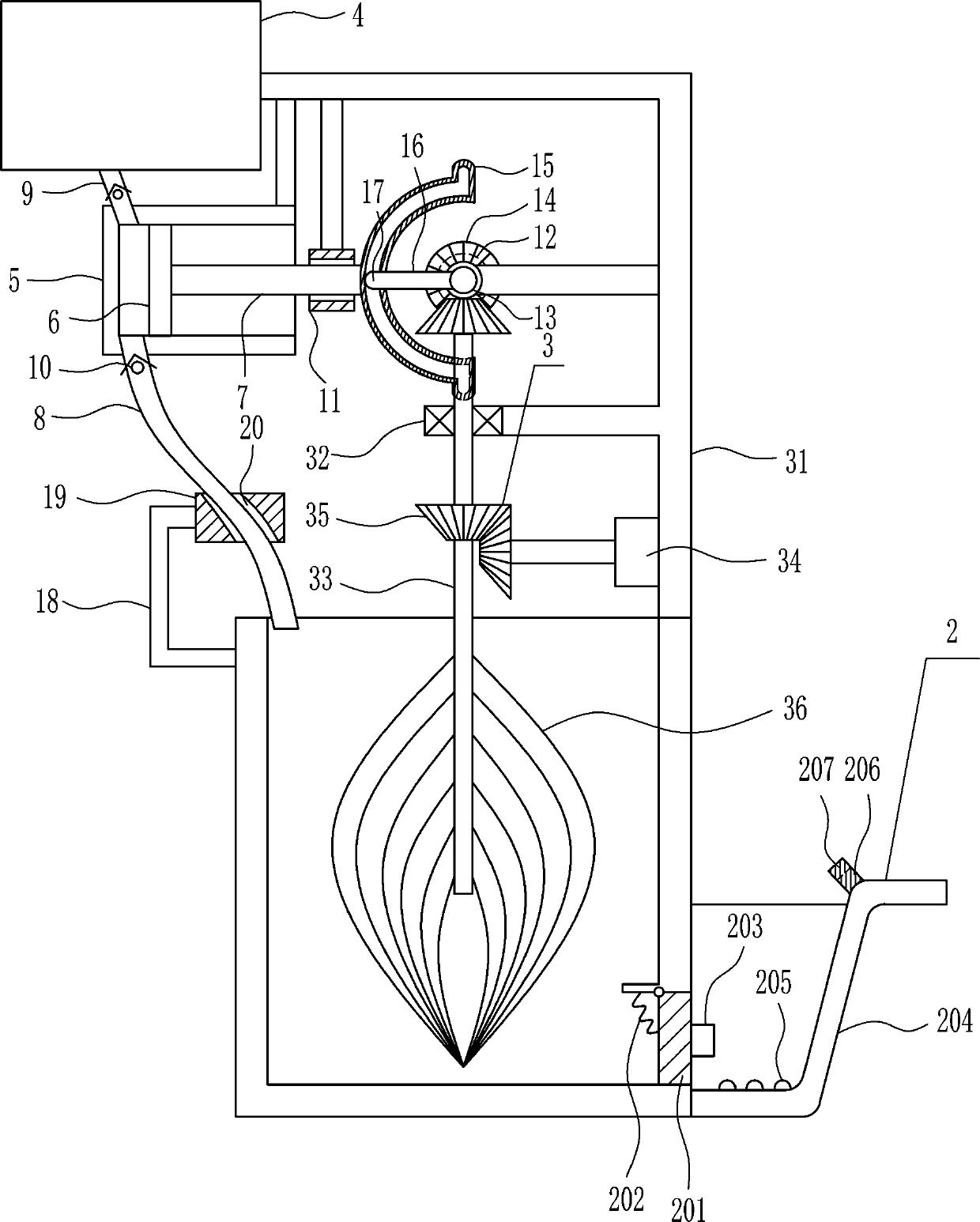 An intermittent feeding and stirring paint brushing device for decoration paint