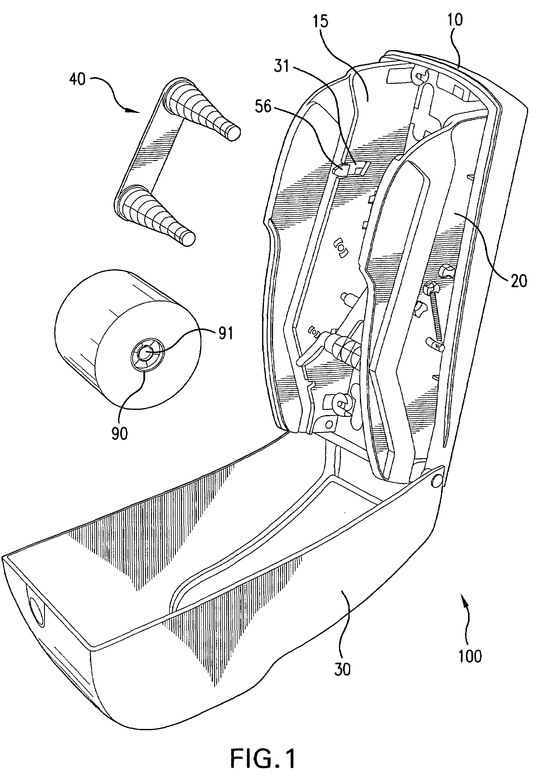 Dispenser that automatically transfers rolls of absorbent material, method of reloading same, and rolls of absorbent material for use in same