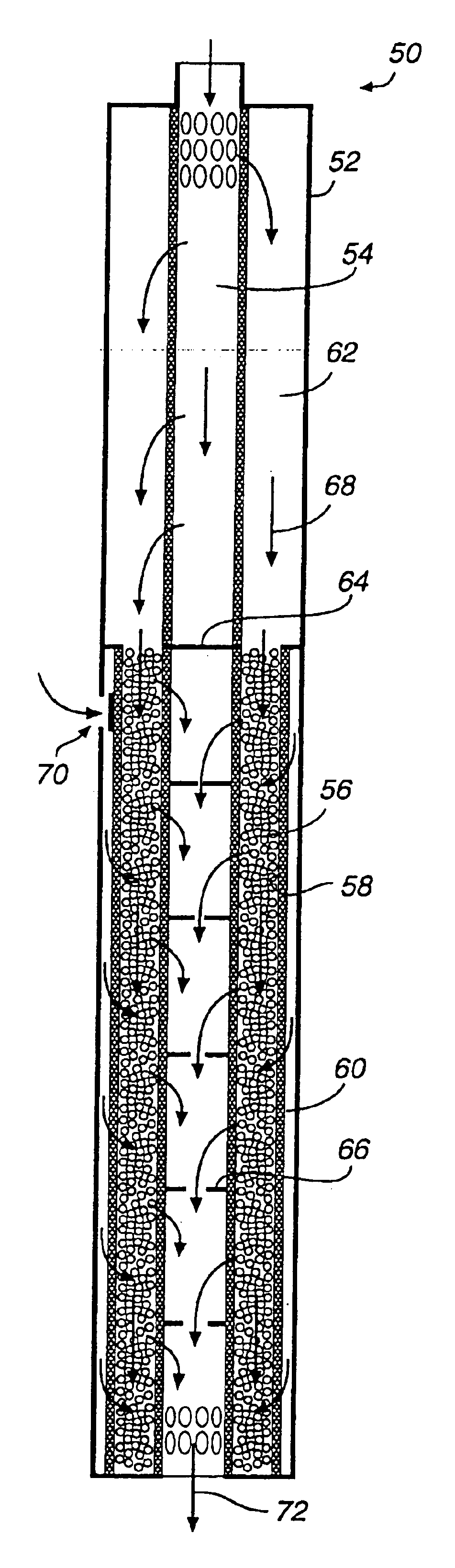 Down flow radial flow filter