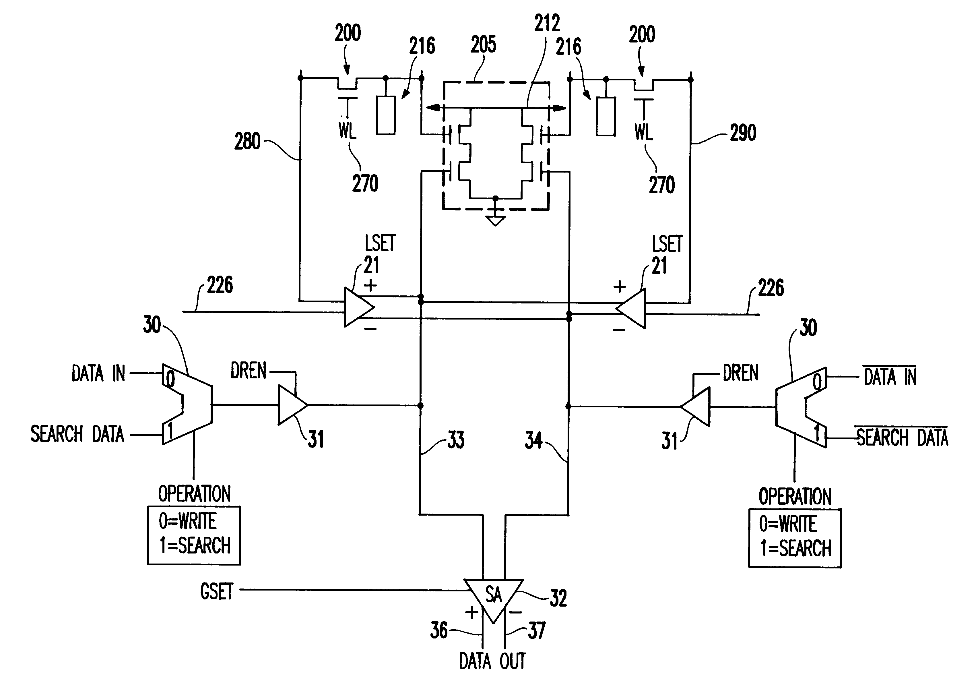 Use of search lines as global bitlines in a cam design