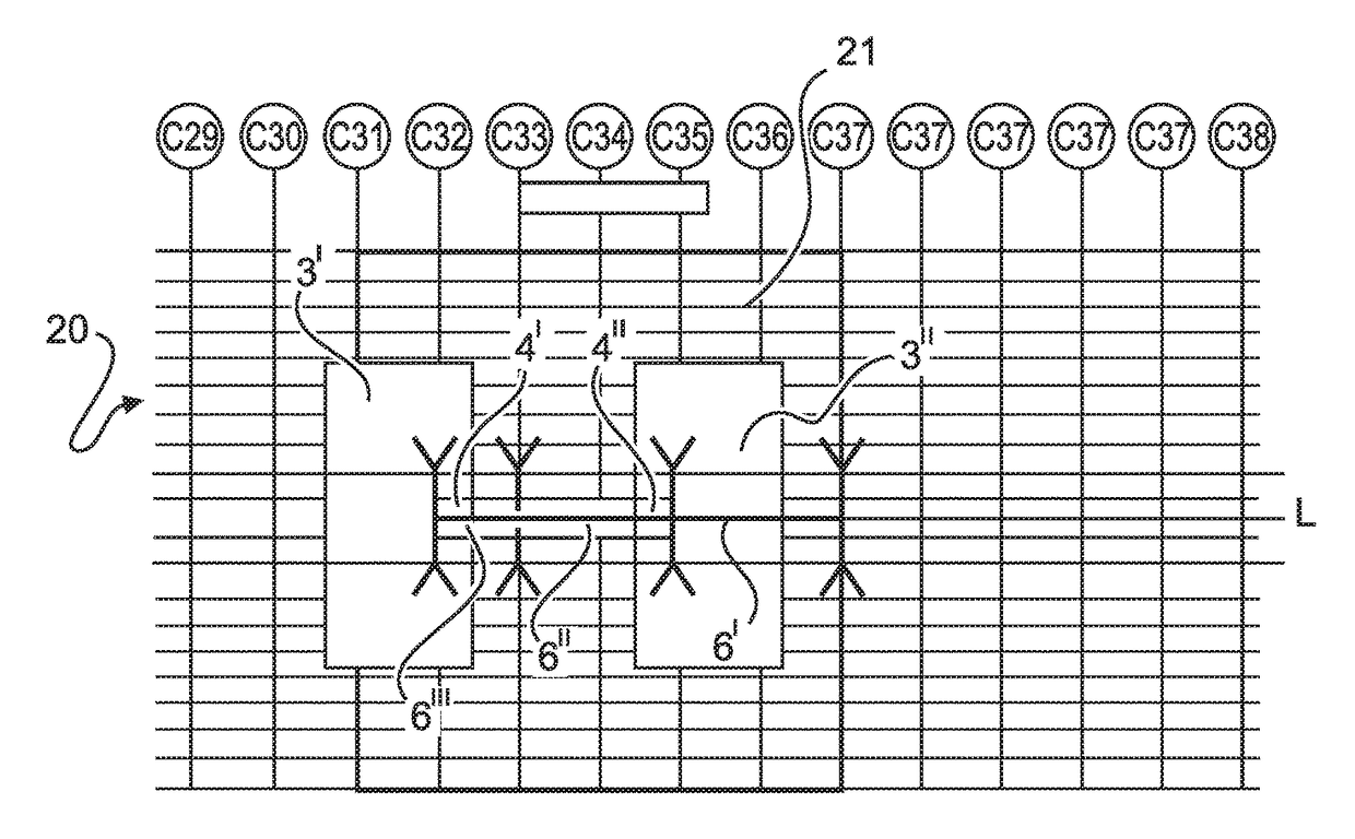 Construction group for an aircraft for feeding a line to a cabin module