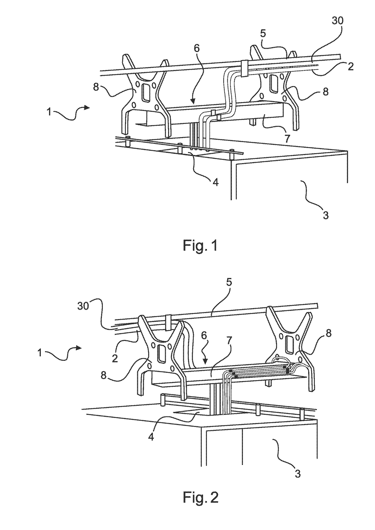 Construction group for an aircraft for feeding a line to a cabin module