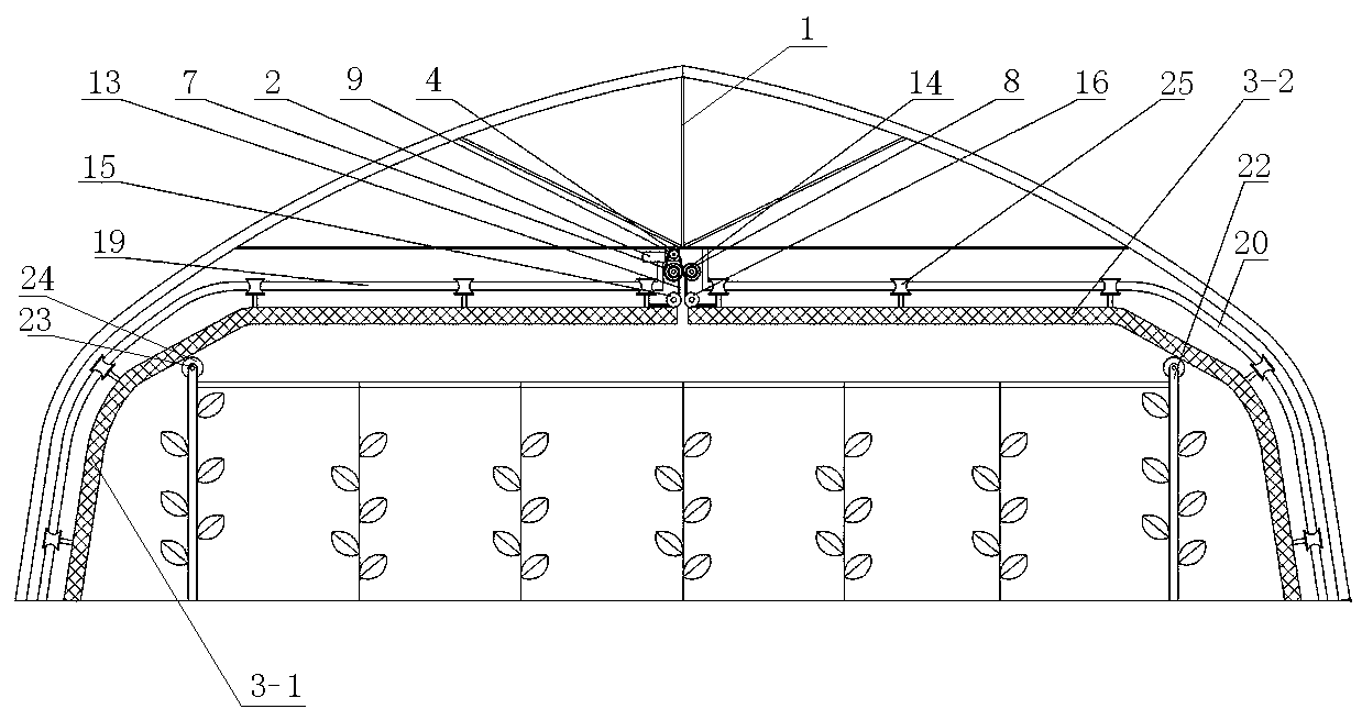 Symmetrical down-folding type greenhouse internal thermal insulation device