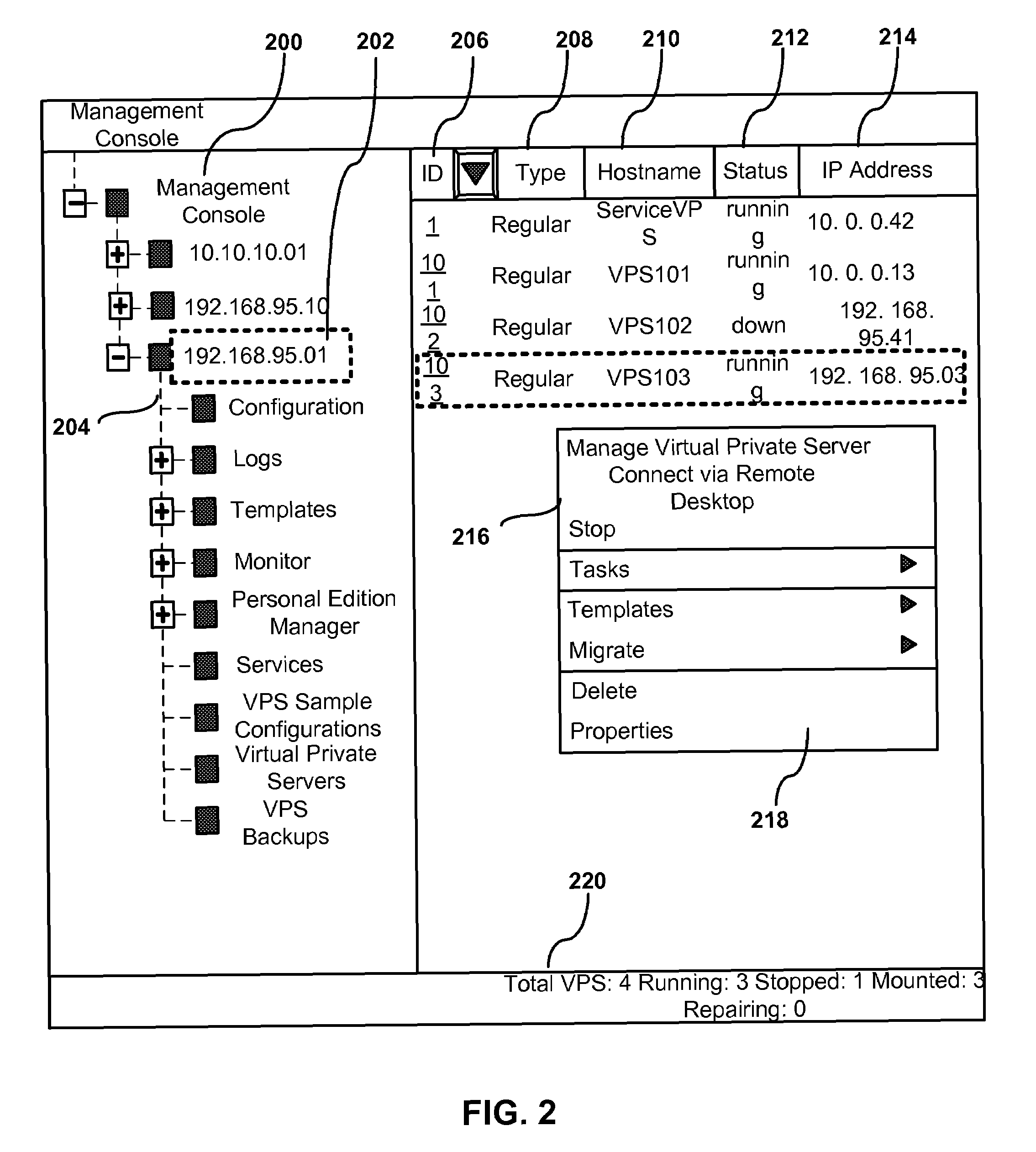 Management of virtual and physical servers using graphic control panels