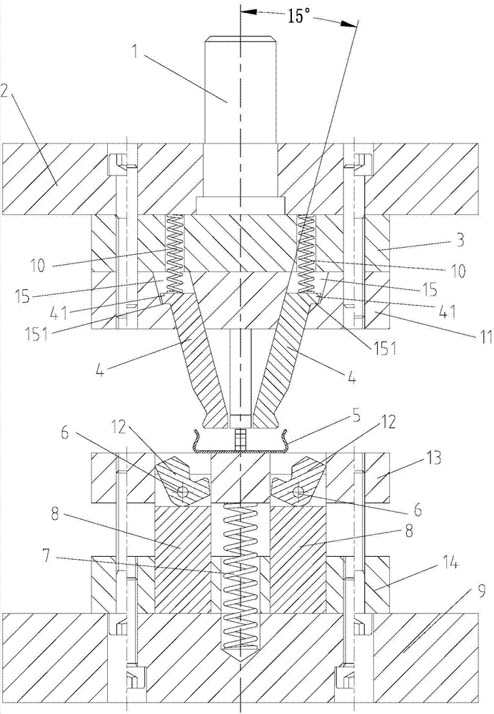 Stamping die used for stamping inverted-pothook-shaped structure