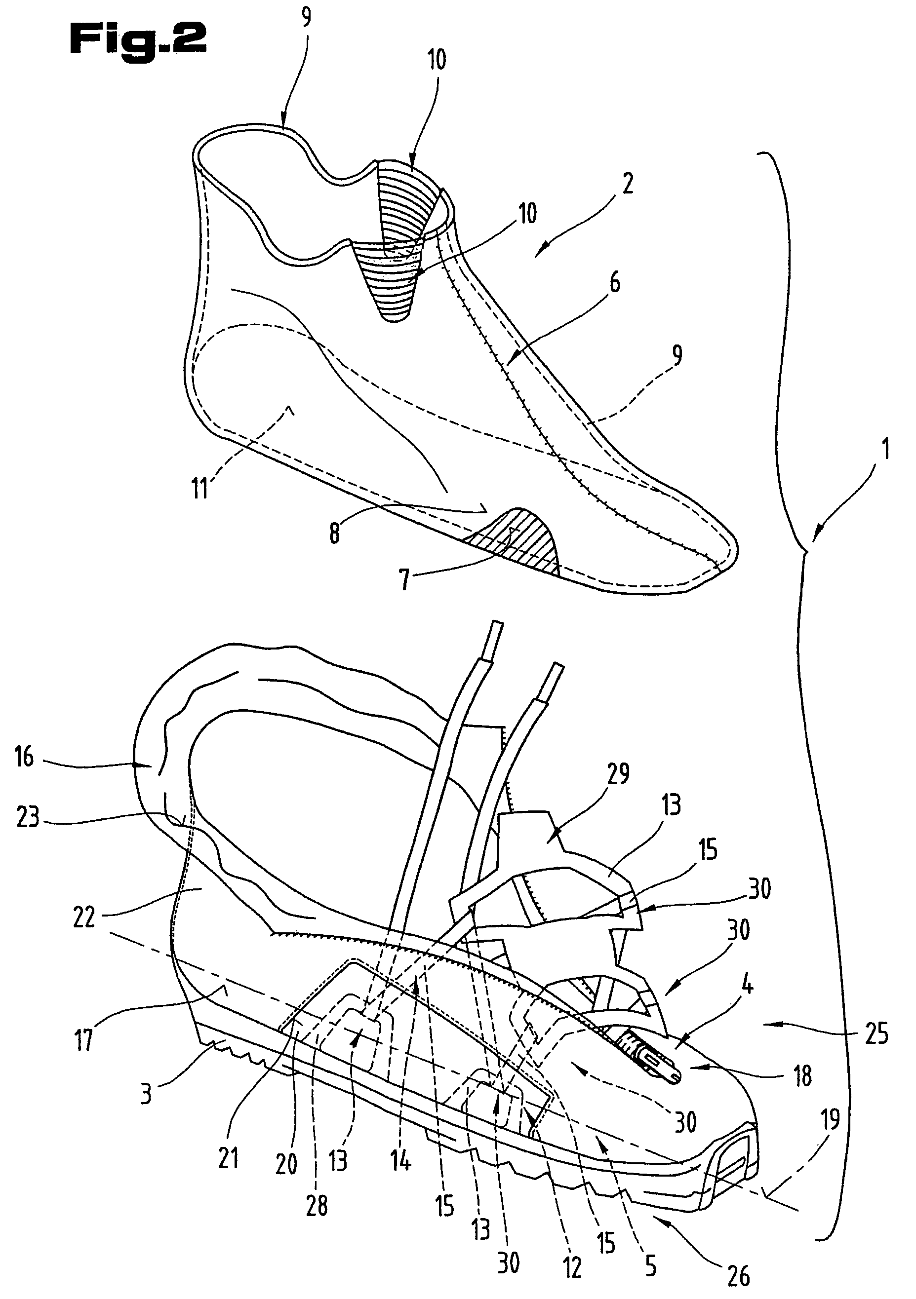 Sports shoe for running or cross-country skiing