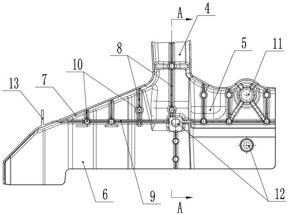 The structure of the rear section of the front longitudinal beam of electric vehicles