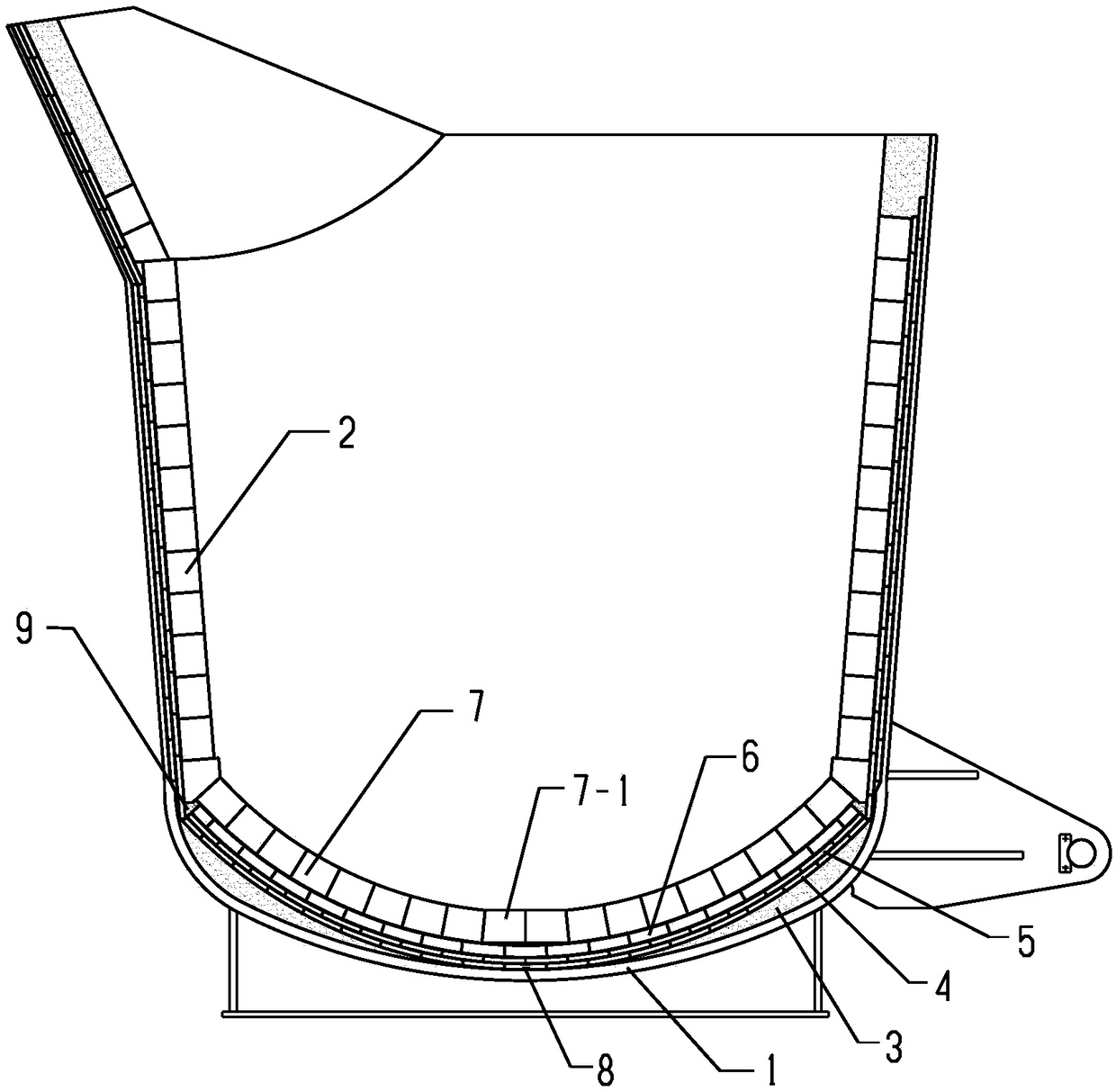 Ladle bottom lining structure of hot metal ladle with spherical bottom and construction method thereof