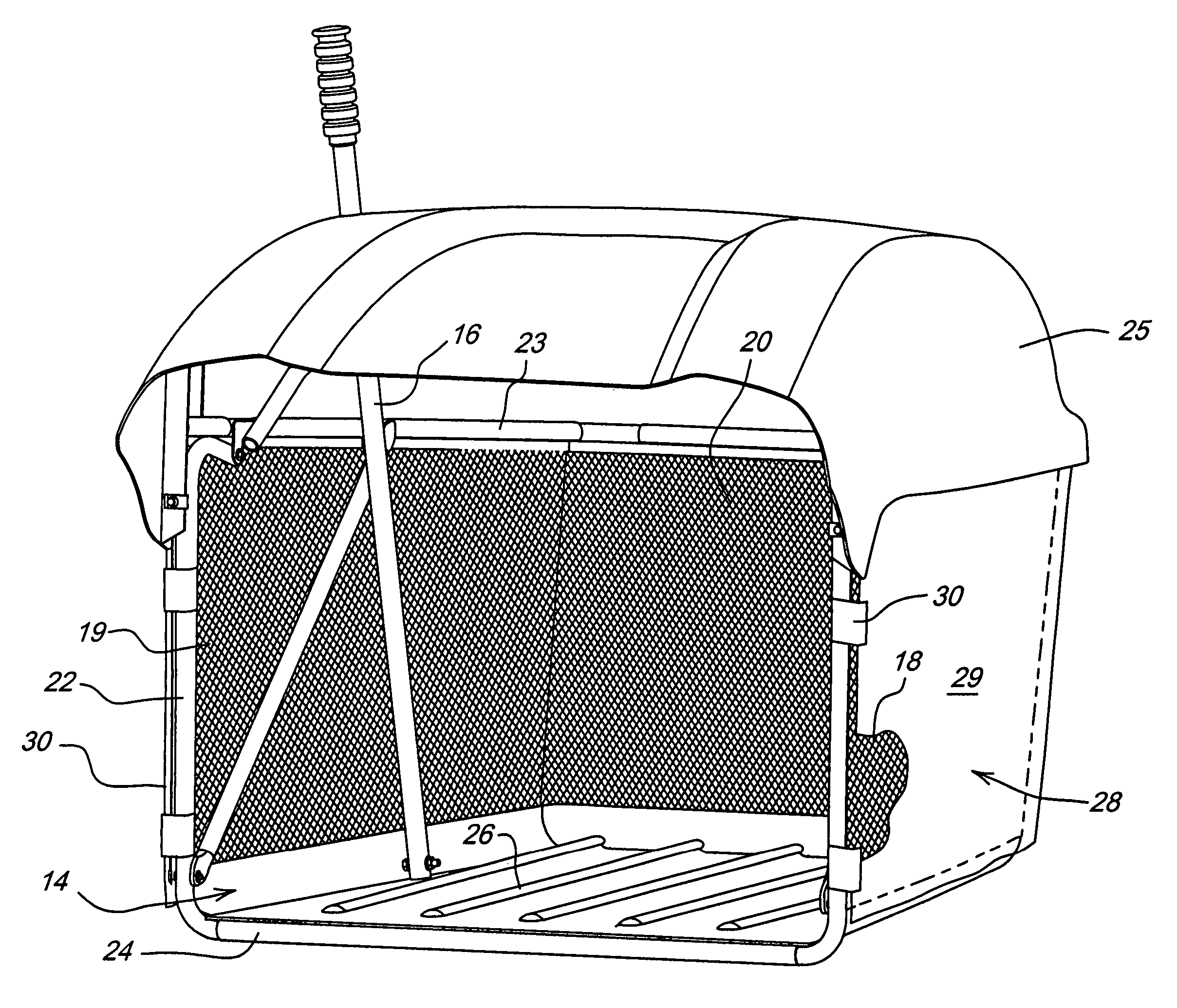 Flexible sound barrier curtain for grass collection container